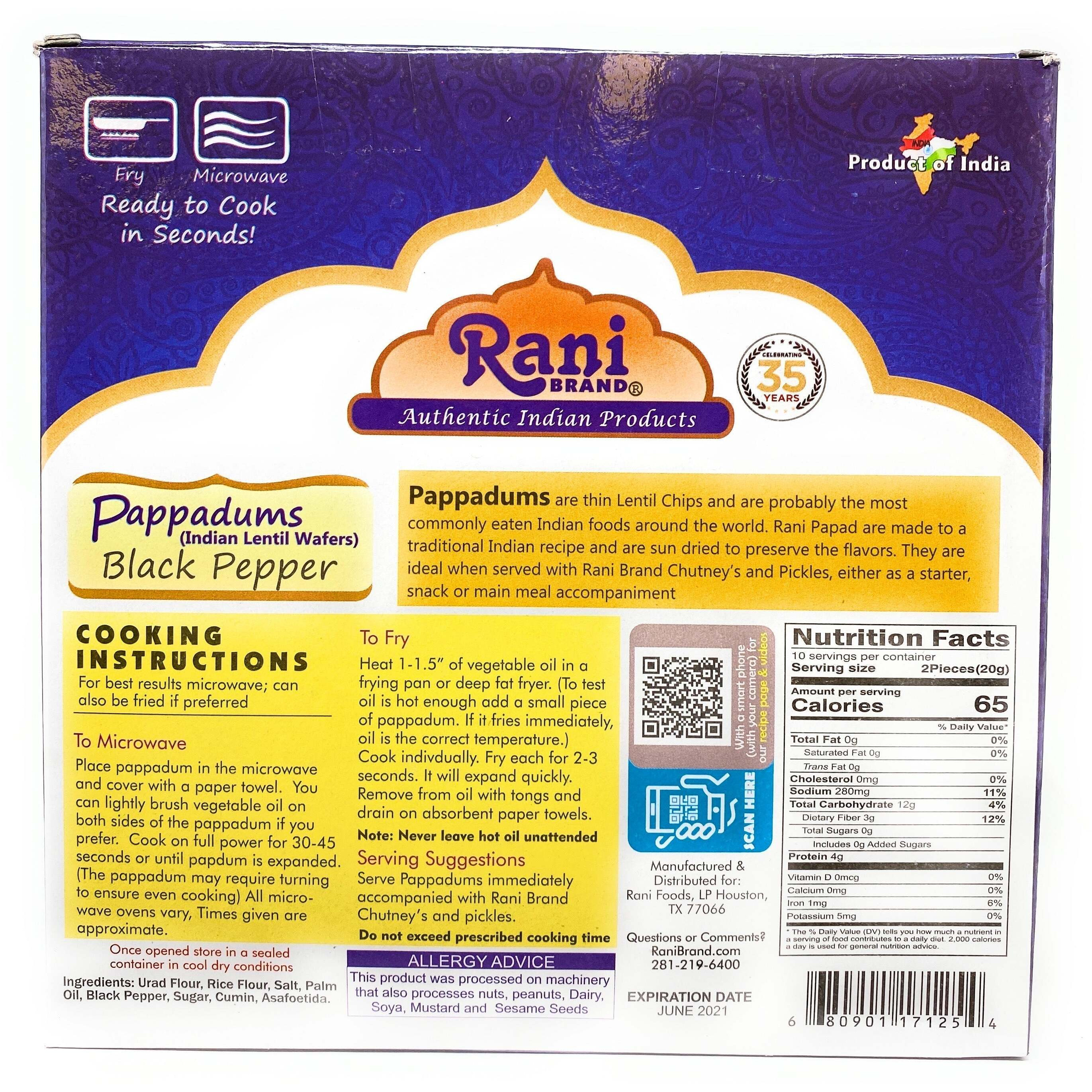 Rani Pappadums (Indian Lentil Wafer Snack) Black Pepper Papad 7oz (200g) Approximately 15pc, 7 inches, Pack of 12 ~ All Natural, Gluten Friendly, NON-GMO, Vegan, Indian Origin