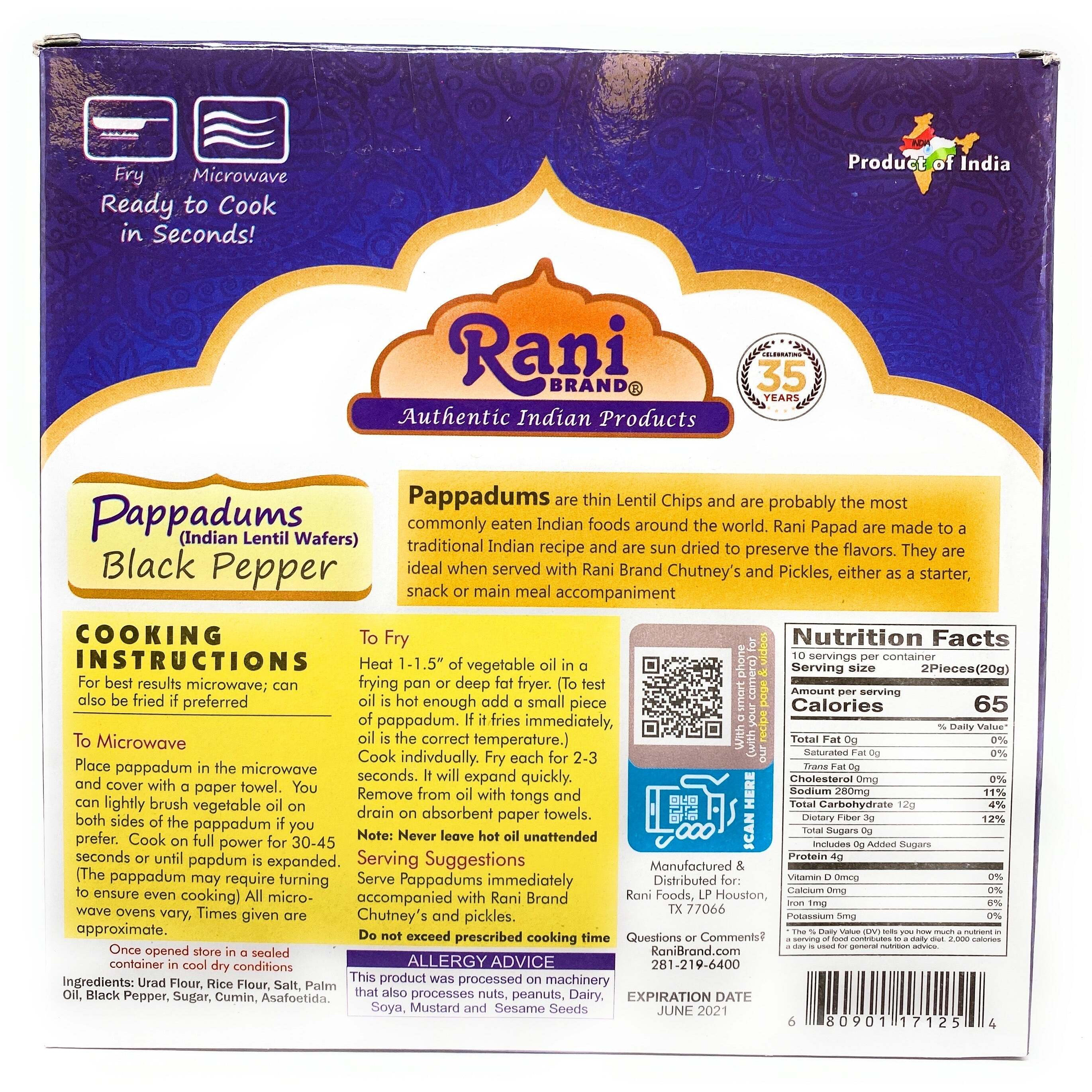 Rani Pappadums (Indian Lentil Wafer Snack) Black Pepper Papad 7oz (200g) Approximately 15pc, 7 inches, Pack of 2 ~ All Natural, Gluten Friendly, NON-GMO, Vegan, Indian Origin