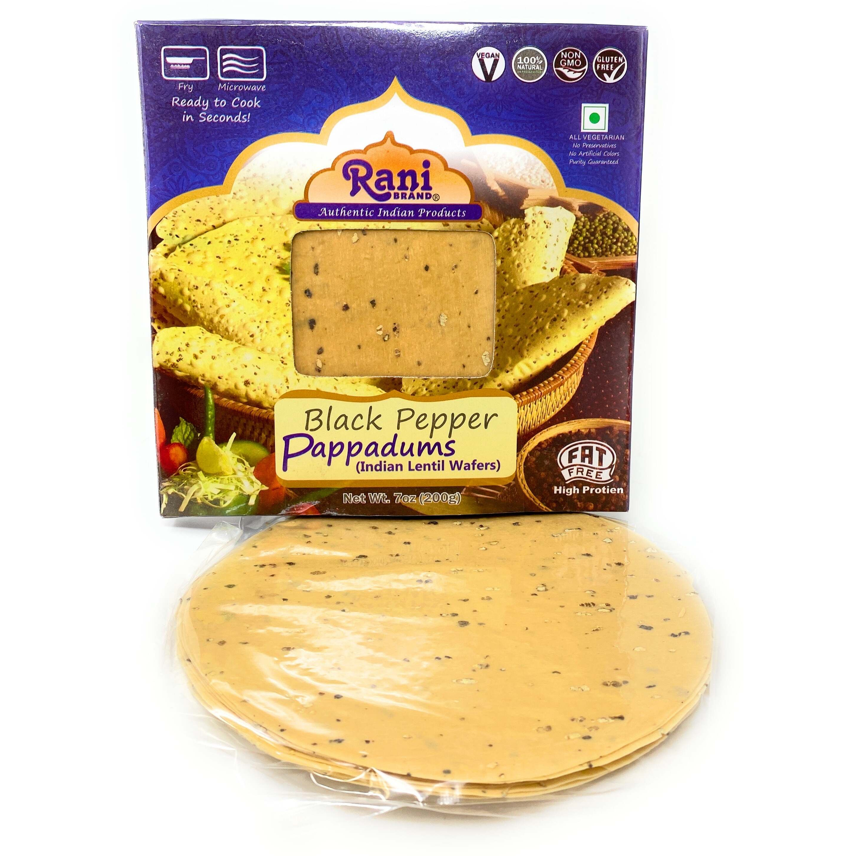 Rani Pappadums (Indian Lentil Wafer Snack) Black Pepper Papad 7oz (200g) Approximately 15pc, 7 inches, Pack of 2 ~ All Natural, Gluten Friendly, NON-GMO, Vegan, Indian Origin