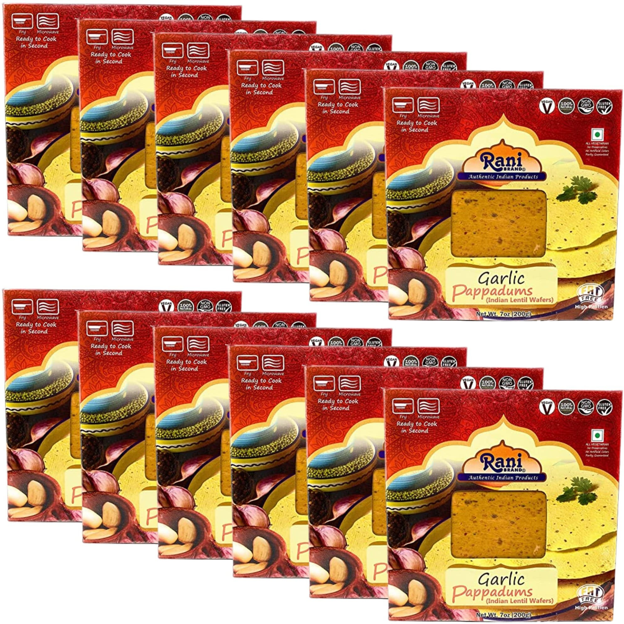 Rani Pappadums (Indian Lentil Wafer Snack) Garlic Papad 7oz (200g) Approximately 15pc, 7 inches, Pack of 12 ~ All Natural, Gluten Friendly, NON-GMO, Vegan, Indian Origin
