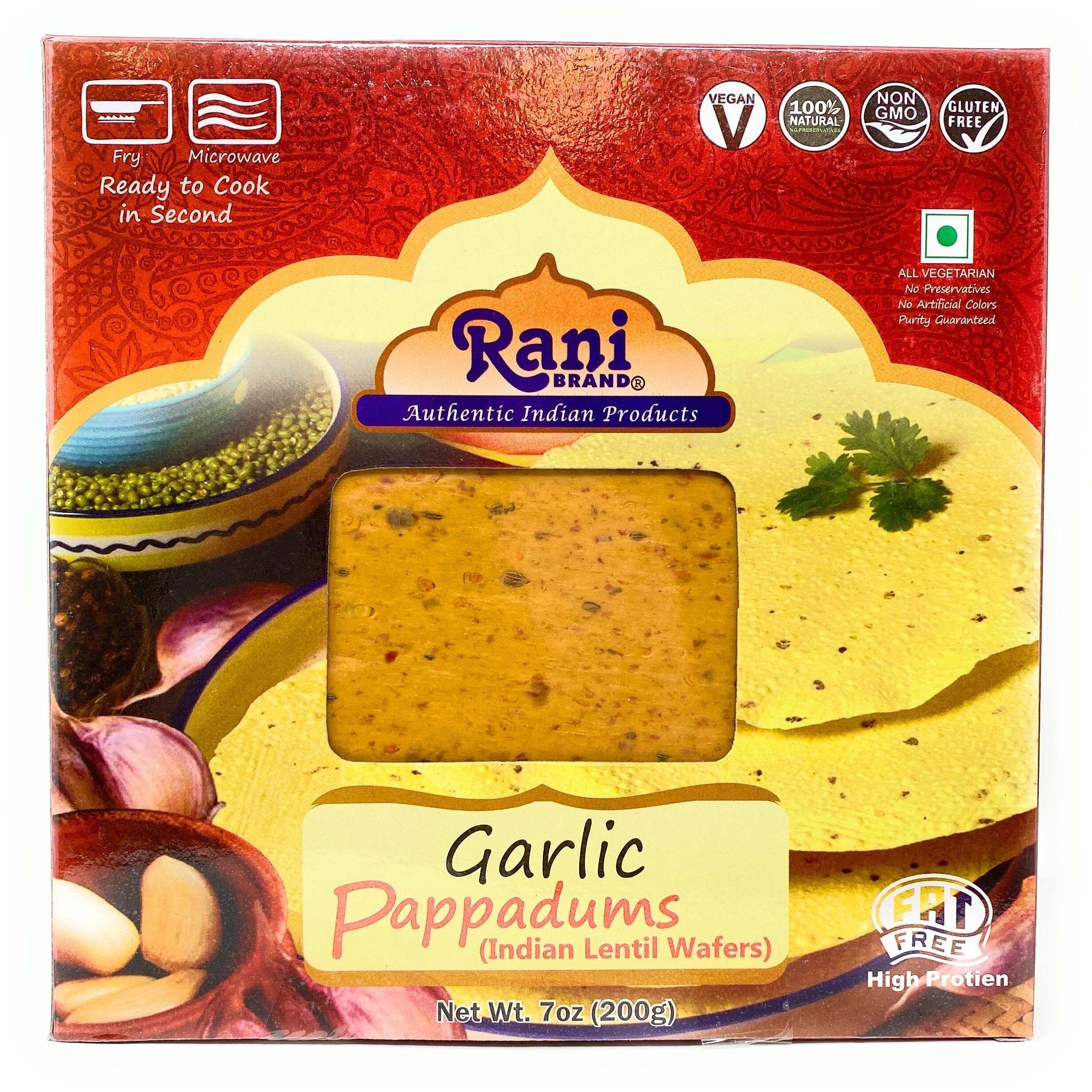 Rani Pappadums (Indian Lentil Wafer Snack) Garlic Papad 7oz (200g) Approximately 15pc, 7 inches, Pack of 12 ~ All Natural, Gluten Friendly, NON-GMO, Vegan, Indian Origin