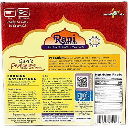 Rani Pappadums (Indian Lentil Wafer Snack) Garlic Papad 7oz (200g) Approximately 15pc, 7 inches, Pack of 12 ~ All Natural, Gluten Friendly, NON-GMO, Vegan, Indian Origin
