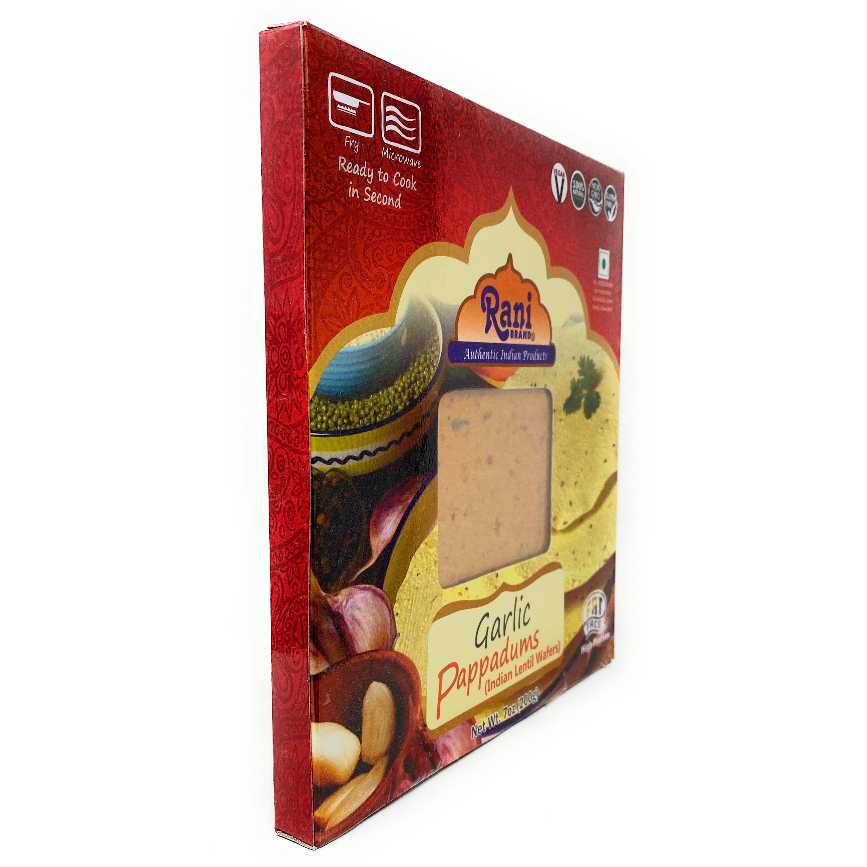 Rani Pappadums (Indian Lentil Wafer Snack) Garlic Papad 7oz (200g) Approximately 15pc, 7 inches, Pack of 12 ~ All Natural, Gluten Friendly, NON-GMO, Vegan, Indian Origin