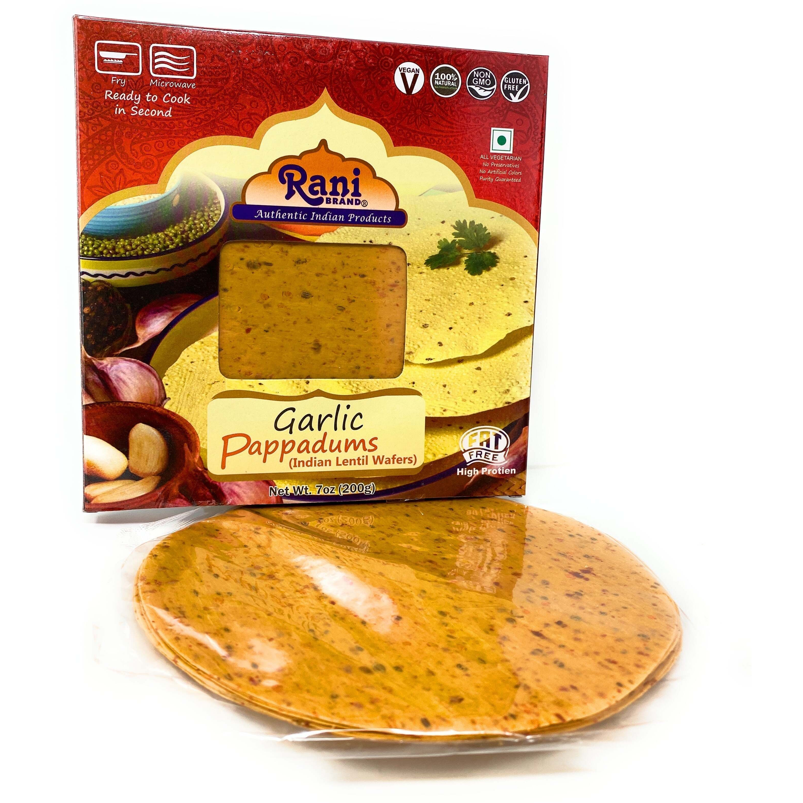 Rani Pappadums (Indian Lentil Wafer Snack) Garlic Papad 7oz (200g) Approximately 15pc, 7 inches, Pack of 12 ~ All Natural, Gluten Friendly, NON-GMO, Vegan, Indian Origin