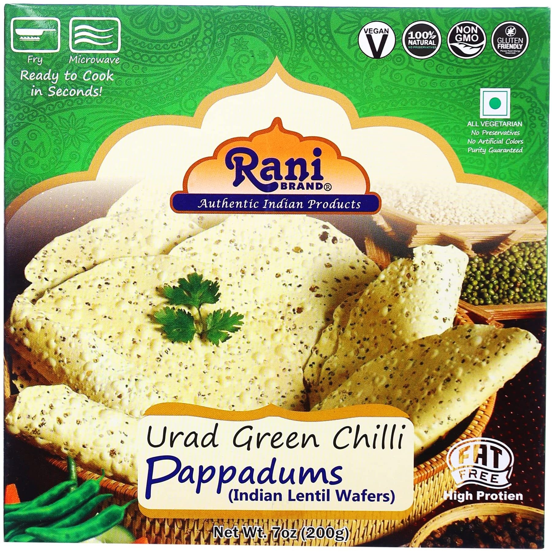Rani Pappadums (Indian Lentil Wafer Snack) Green Chilli Papad 7oz (200g) Approximately 15pc, 7 inches ~ All Natural, Gluten Friendly, NON-GMO, Vegan, Indian Origin