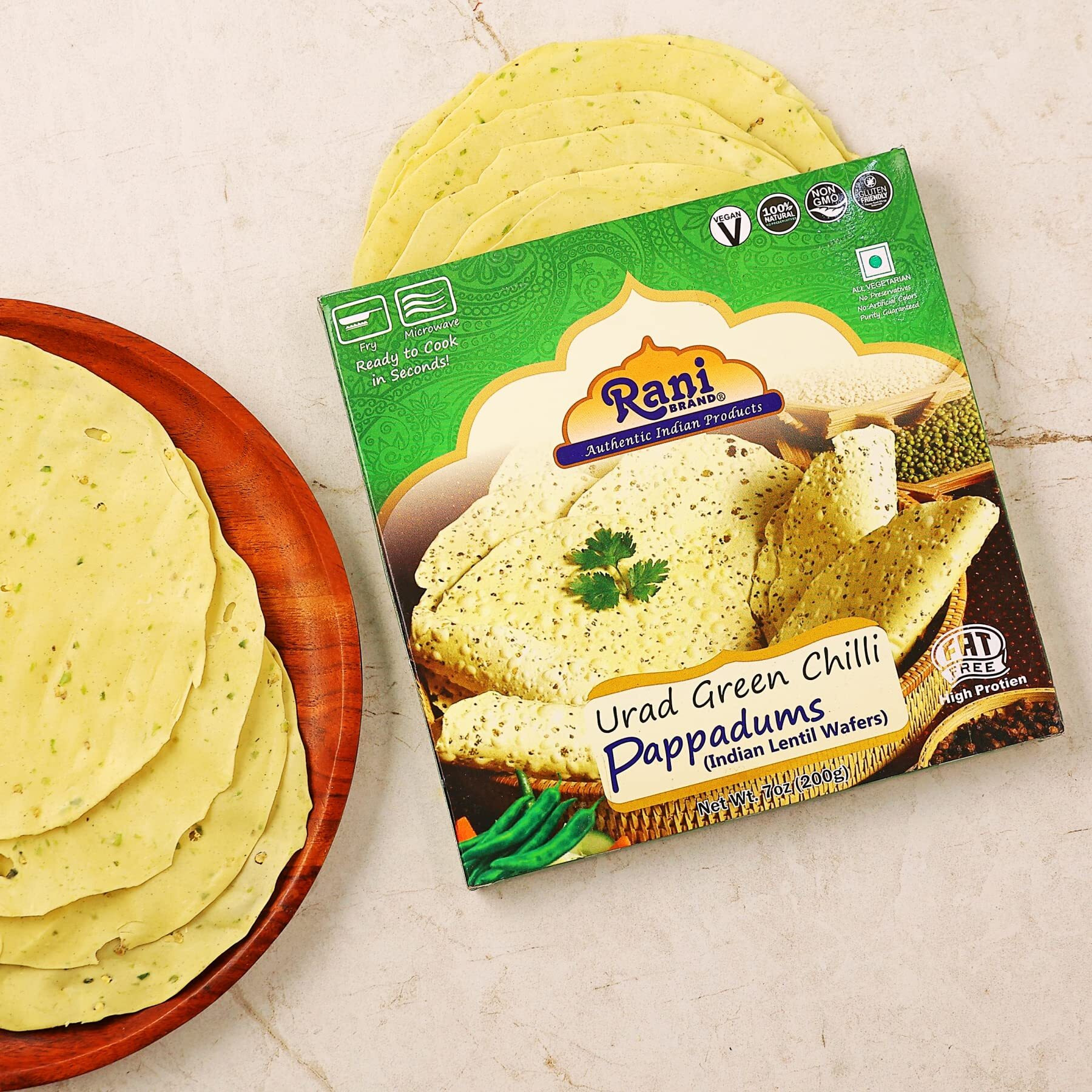 Rani Pappadums (Indian Lentil Wafer Snack) Green Chilli Papad 7oz (200g) Approximately 15pc, 7 inches ~ All Natural, Gluten Friendly, NON-GMO, Vegan, Indian Origin