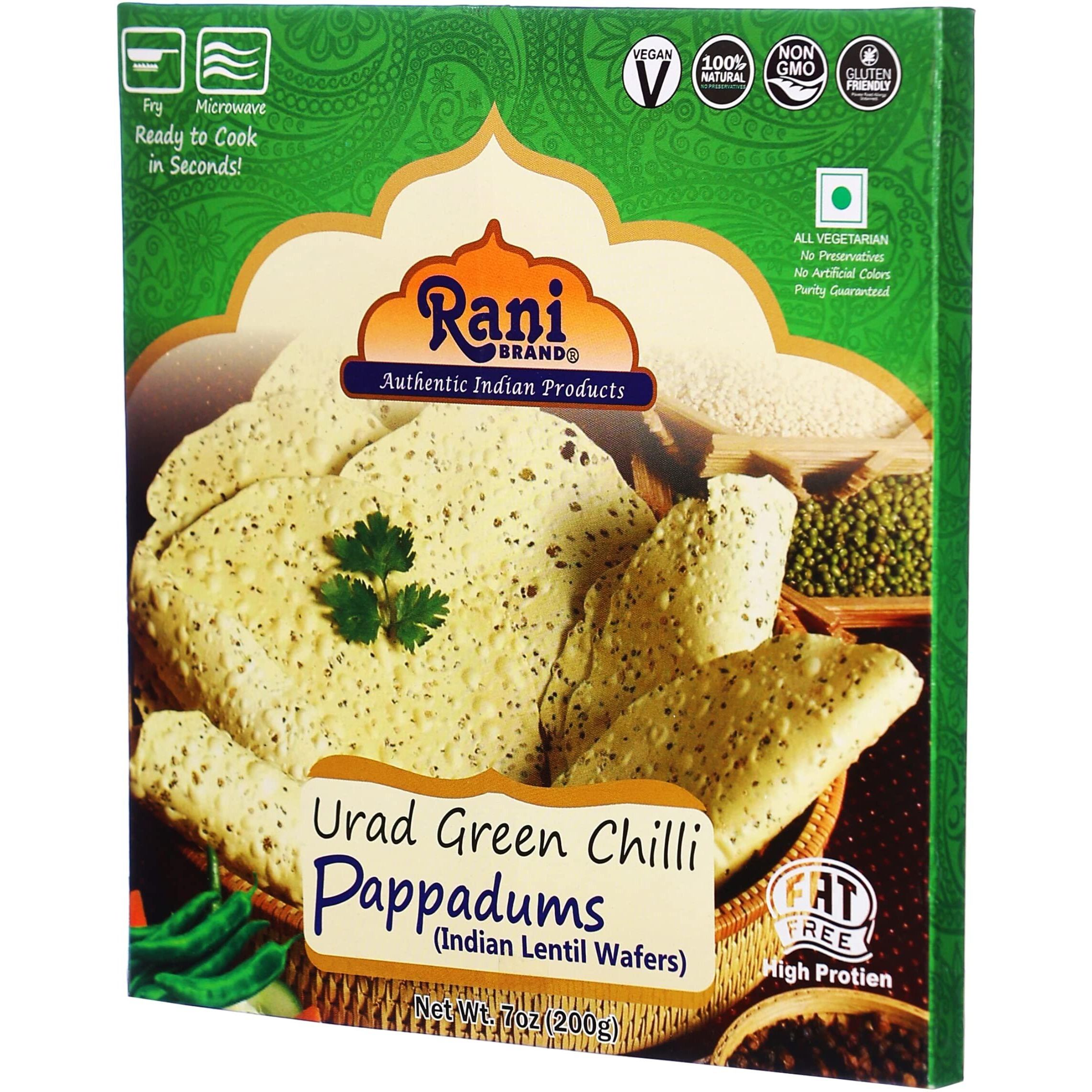 Rani Pappadums (Indian Lentil Wafer Snack) Green Chilli Papad 7oz (200g) Approximately 15pc, 7 inches ~ All Natural, Gluten Friendly, NON-GMO, Vegan, Indian Origin