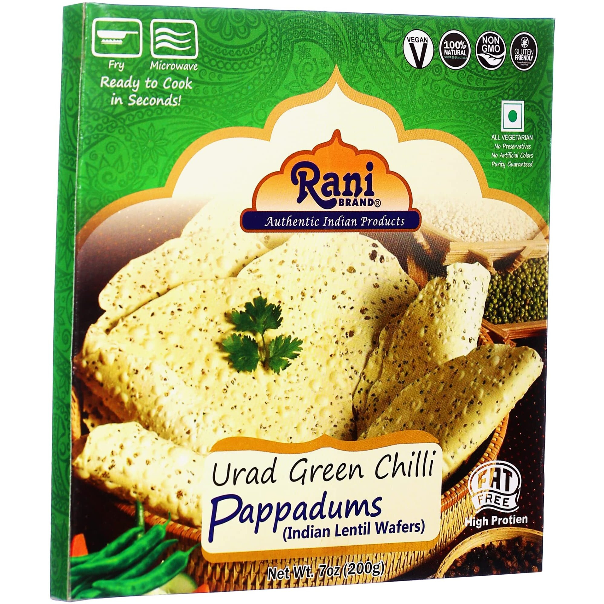 Rani Pappadums (Indian Lentil Wafer Snack) Green Chilli Papad 7oz (200g) Approximately 15pc, 7 inches ~ All Natural, Gluten Friendly, NON-GMO, Vegan, Indian Origin