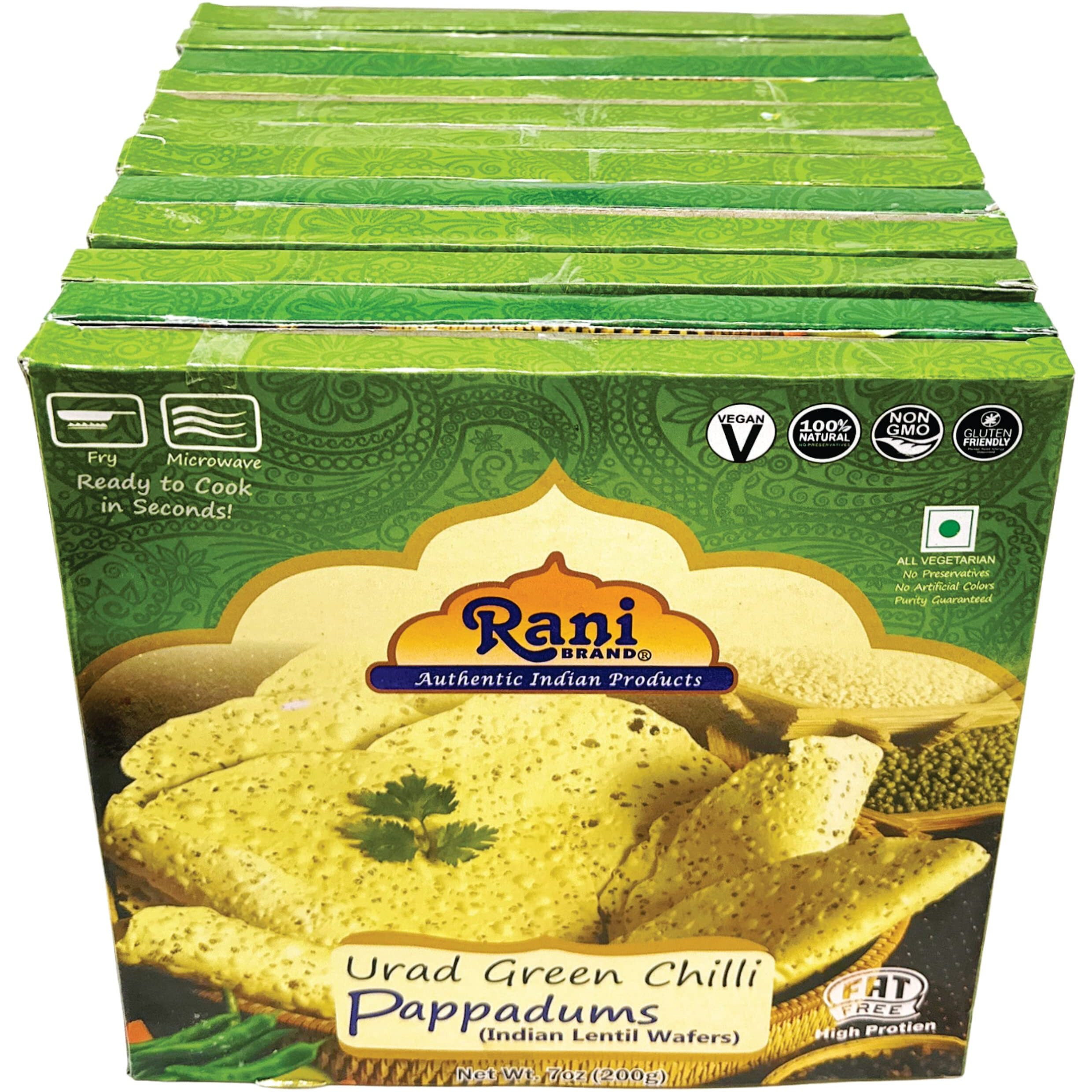 Rani Pappadums (Indian Lentil Wafer Snack) Green Chilli Papad 7oz (200g) Approximately 15pc, 7 inches, Pack of 12 ~ All Natural, Gluten Friendly, NON-GMO, Vegan, Indian Origin