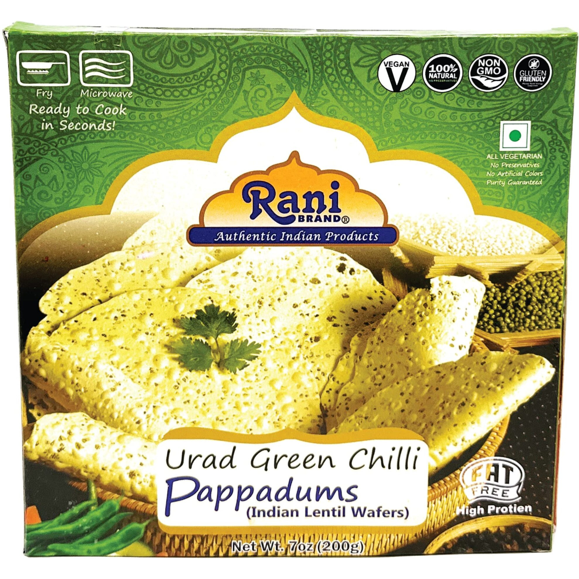 Rani Pappadums (Indian Lentil Wafer Snack) Green Chilli Papad 7oz (200g) Approximately 15pc, 7 inches, Pack of 12 ~ All Natural, Gluten Friendly, NON-GMO, Vegan, Indian Origin