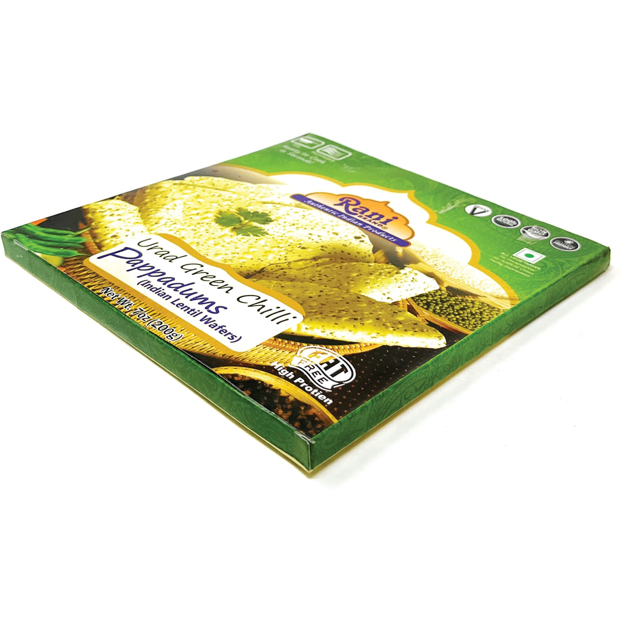 Rani Pappadums (Indian Lentil Wafer Snack) Green Chilli Papad 7oz (200g) Approximately 15pc, 7 inches, Pack of 12 ~ All Natural, Gluten Friendly, NON-GMO, Vegan, Indian Origin