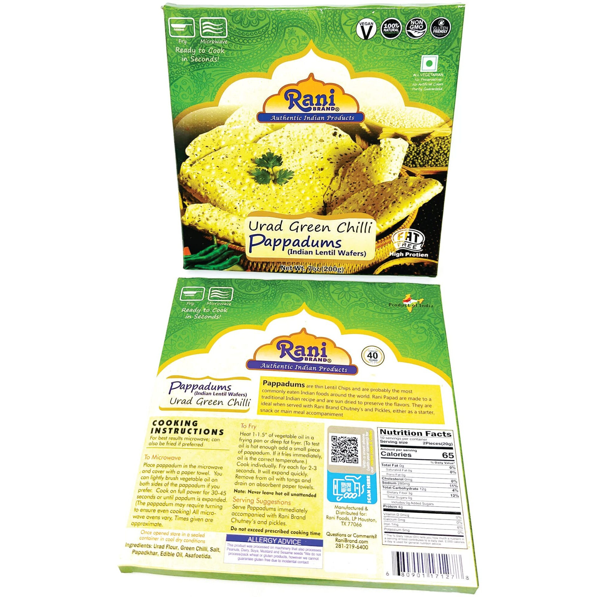 Rani Pappadums (Indian Lentil Wafer Snack) Green Chilli Papad 7oz (200g) Approximately 15pc, 7 inches, Pack of 2 ~ All Natural, Gluten Friendly, NON-GMO, Vegan, Indian Origin