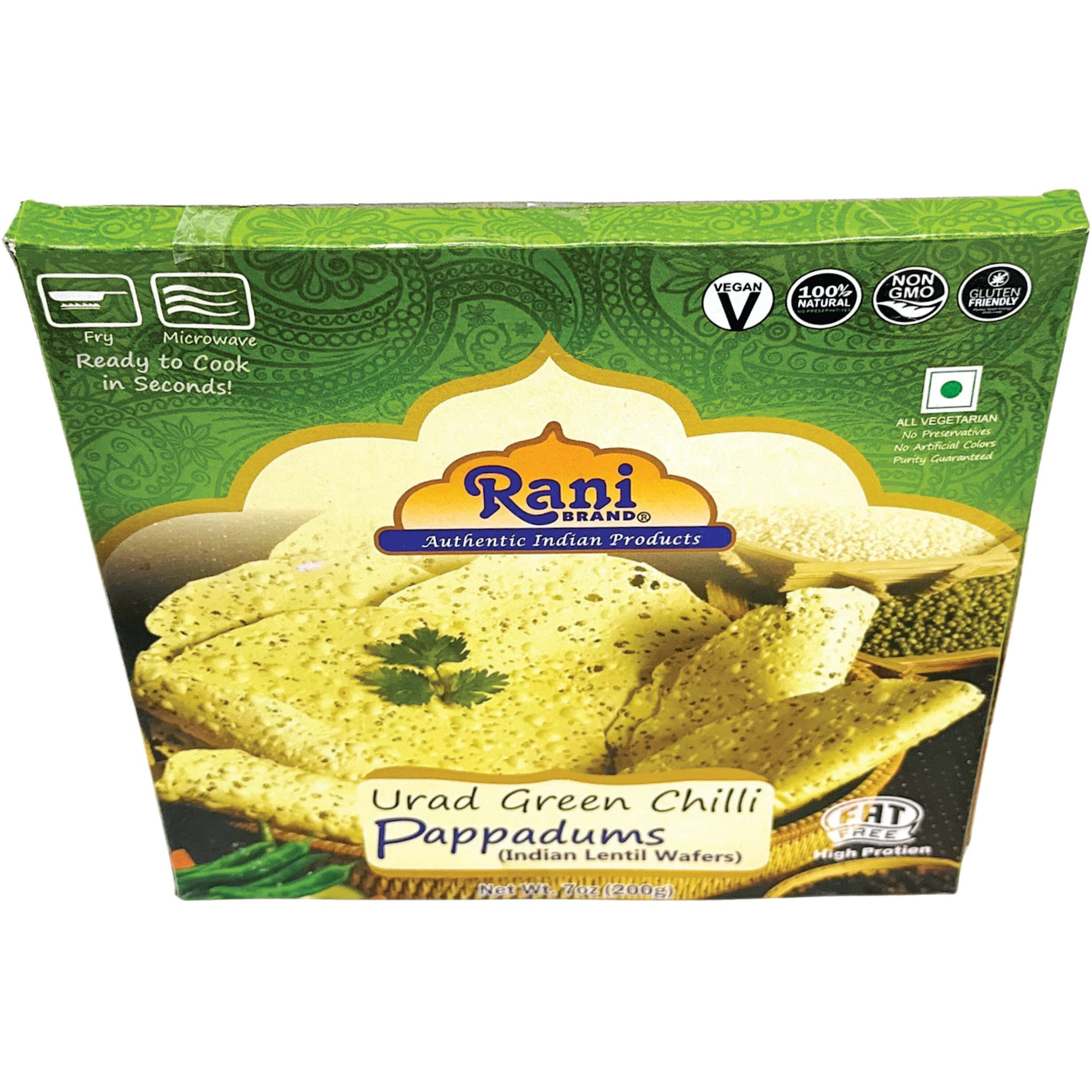 Rani Pappadums (Indian Lentil Wafer Snack) Green Chilli Papad 7oz (200g) Approximately 15pc, 7 inches, Pack of 2 ~ All Natural, Gluten Friendly, NON-GMO, Vegan, Indian Origin