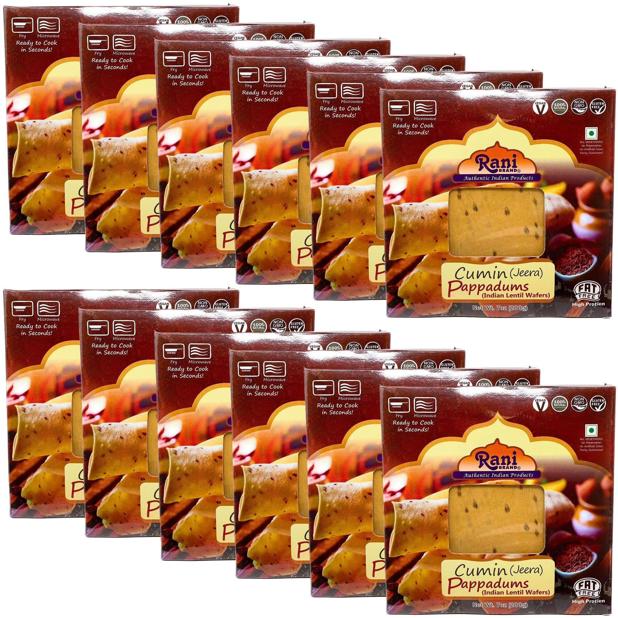 Rani Pappadums (Indian Lentil Wafer Snack) Jeera (Cumin) Papad 7oz (200g) Approximately 15pc, 7 inches, Pack of 12 ~ All Natural, Gluten Friendly, NON-GMO, Vegan, Indian Origin