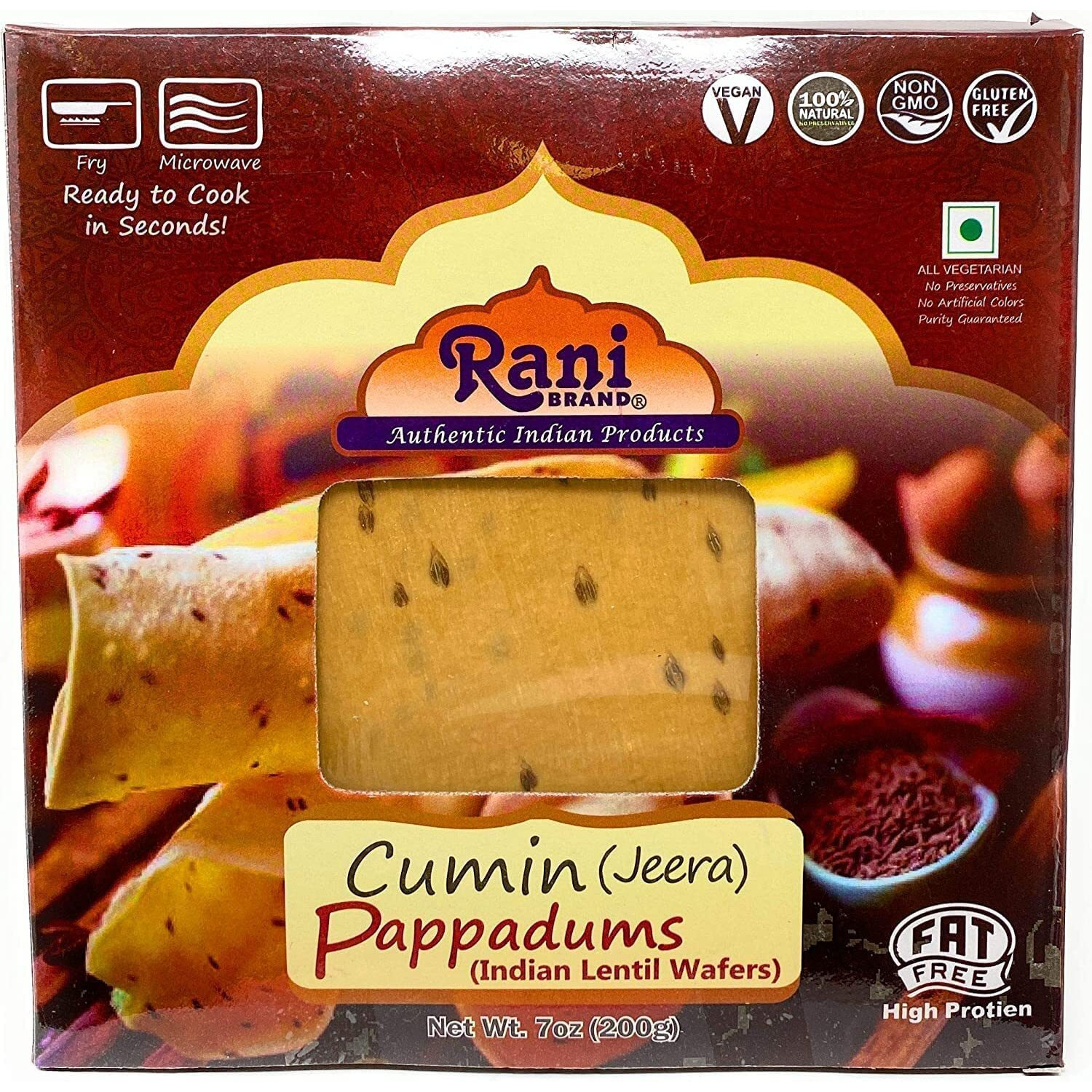Rani Pappadums (Indian Lentil Wafer Snack) Jeera (Cumin) Papad 7oz (200g) Approximately 15pc, 7 inches, Pack of 12 ~ All Natural, Gluten Friendly, NON-GMO, Vegan, Indian Origin