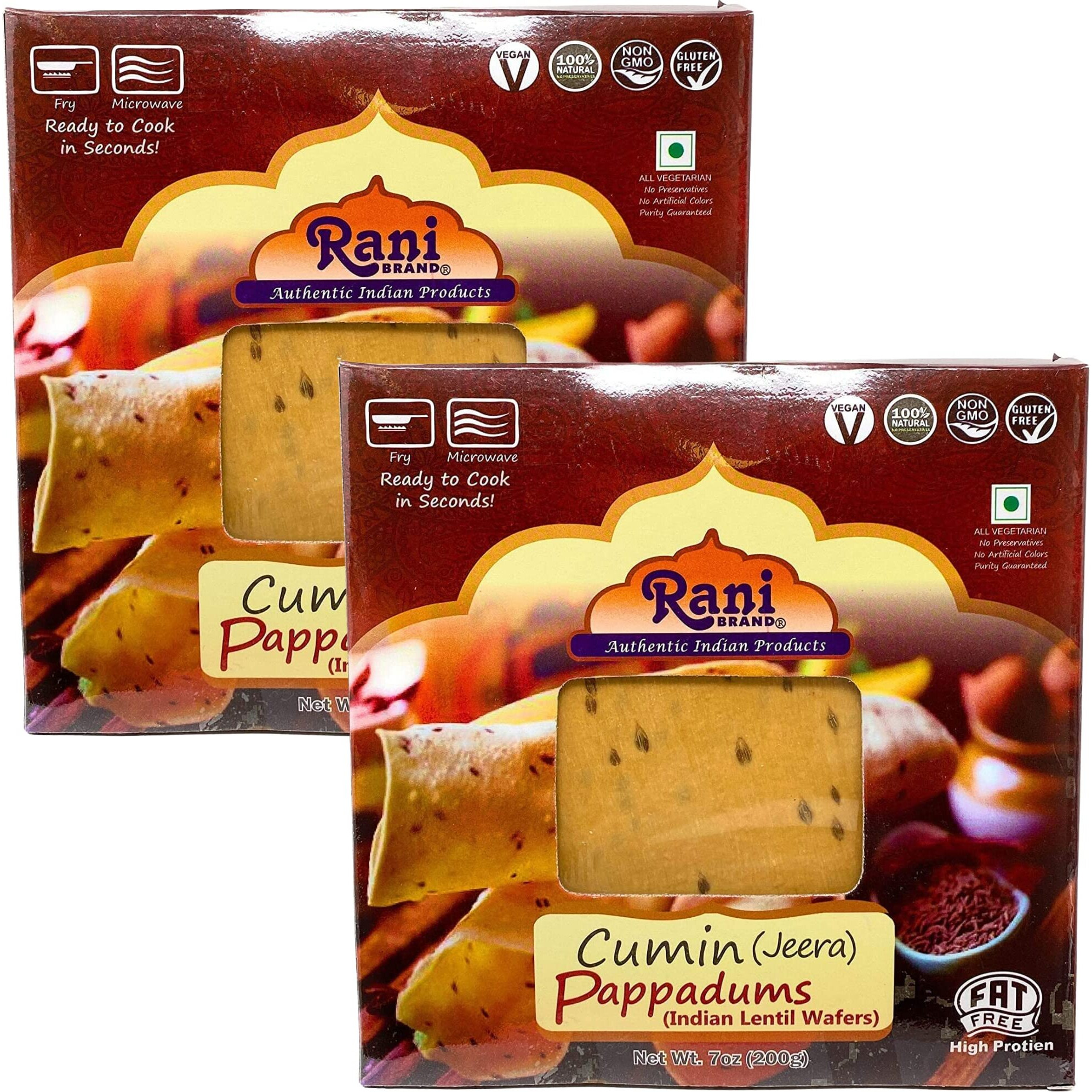 Rani Pappadums (Indian Lentil Wafer Snack) Jeera (Cumin) Papad 7oz (200g) Approximately 15pc, 7 inches, Pack of 2 ~ All Natural, Gluten Friendly, NON-GMO, Vegan, Indian Origin