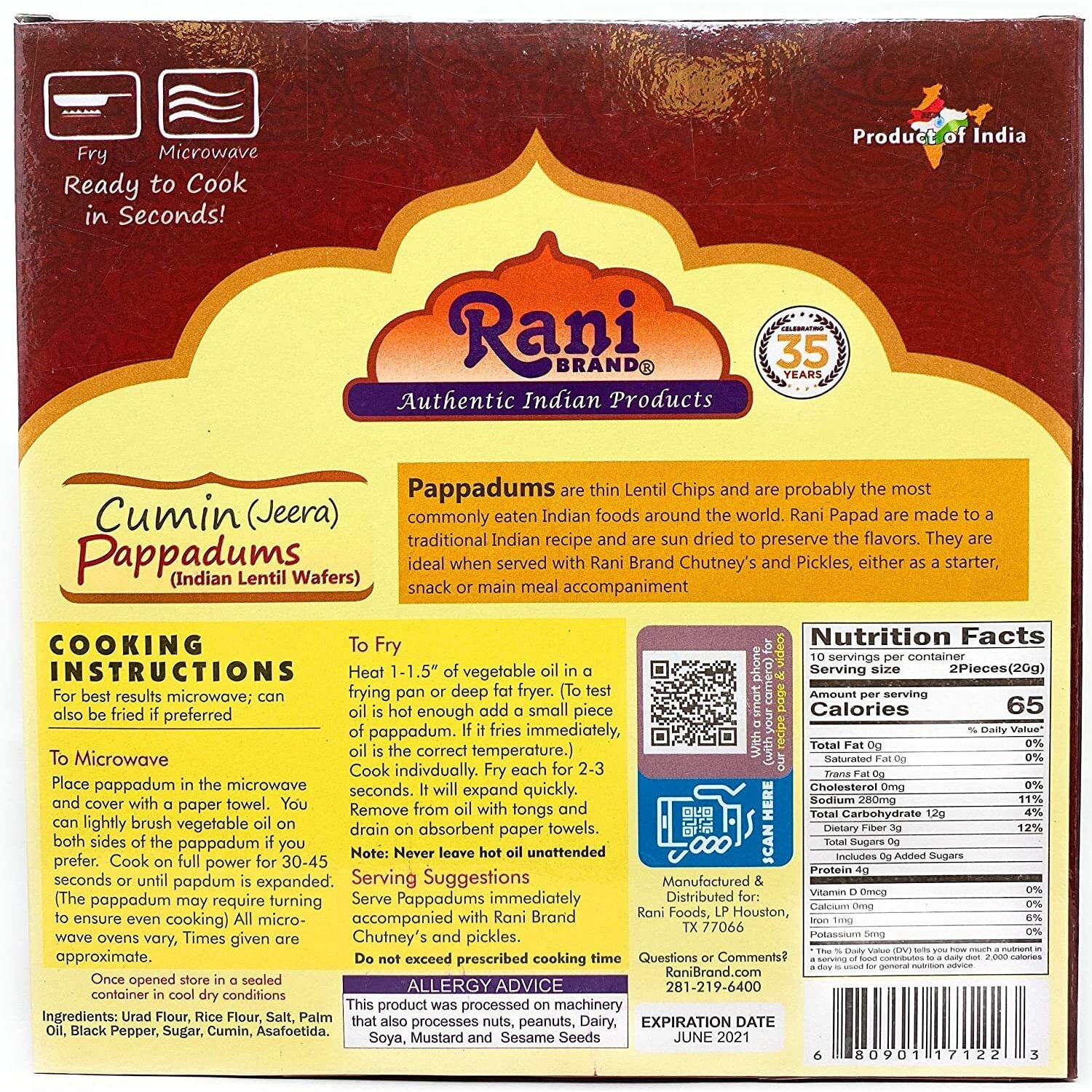 Rani Pappadums (Indian Lentil Wafer Snack) Jeera (Cumin) Papad 7oz (200g) Approximately 15pc, 7 inches, Pack of 2 ~ All Natural, Gluten Friendly, NON-GMO, Vegan, Indian Origin