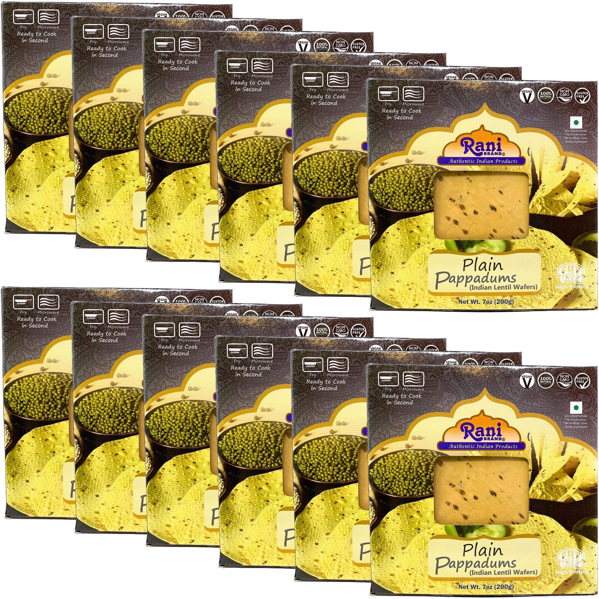 Rani Pappadums (Indian Lentil Wafer Snack) Plain Papad 7oz (200g) Approximately 15pc, 7 inches, Pack of 12 ~ All Natural, Gluten Friendly, NON-GMO, Vegan, Indian Origin
