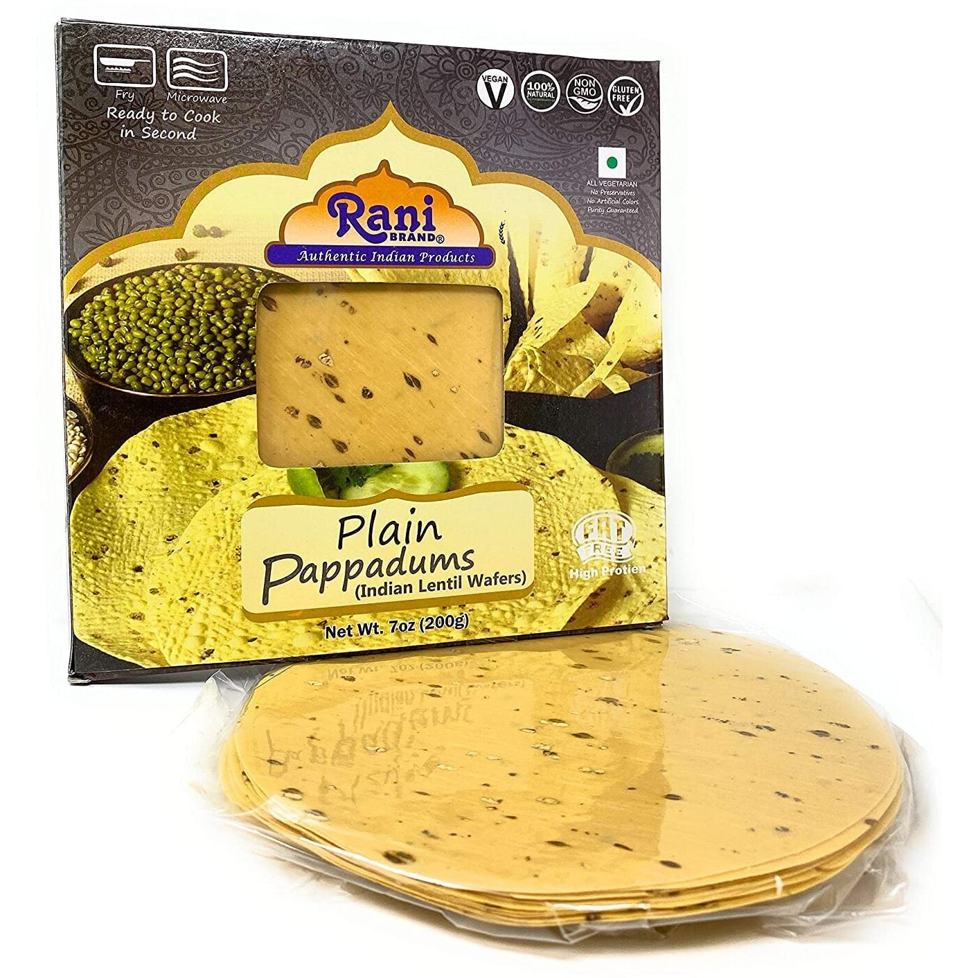 Rani Pappadums (Indian Lentil Wafer Snack) Plain Papad 7oz (200g) Approximately 15pc, 7 inches, Pack of 12 ~ All Natural, Gluten Friendly, NON-GMO, Vegan, Indian Origin