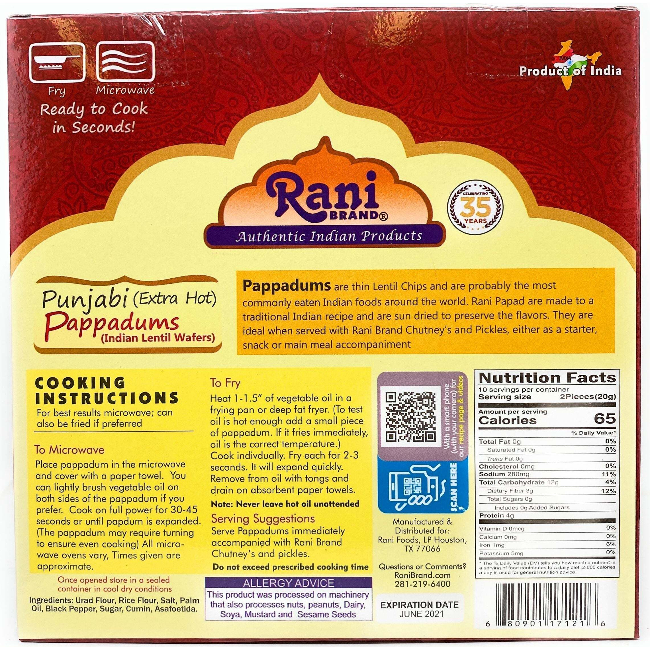 Rani Pappadums (Indian Lentil Wafer Snack) Punjabi Papad - Extra Hot, 7oz (200g) Approximately 15pc, 7 inches, Pack of 2 ~ All Natural, Gluten Friendly, NON-GMO, Vegan, Indian Origin