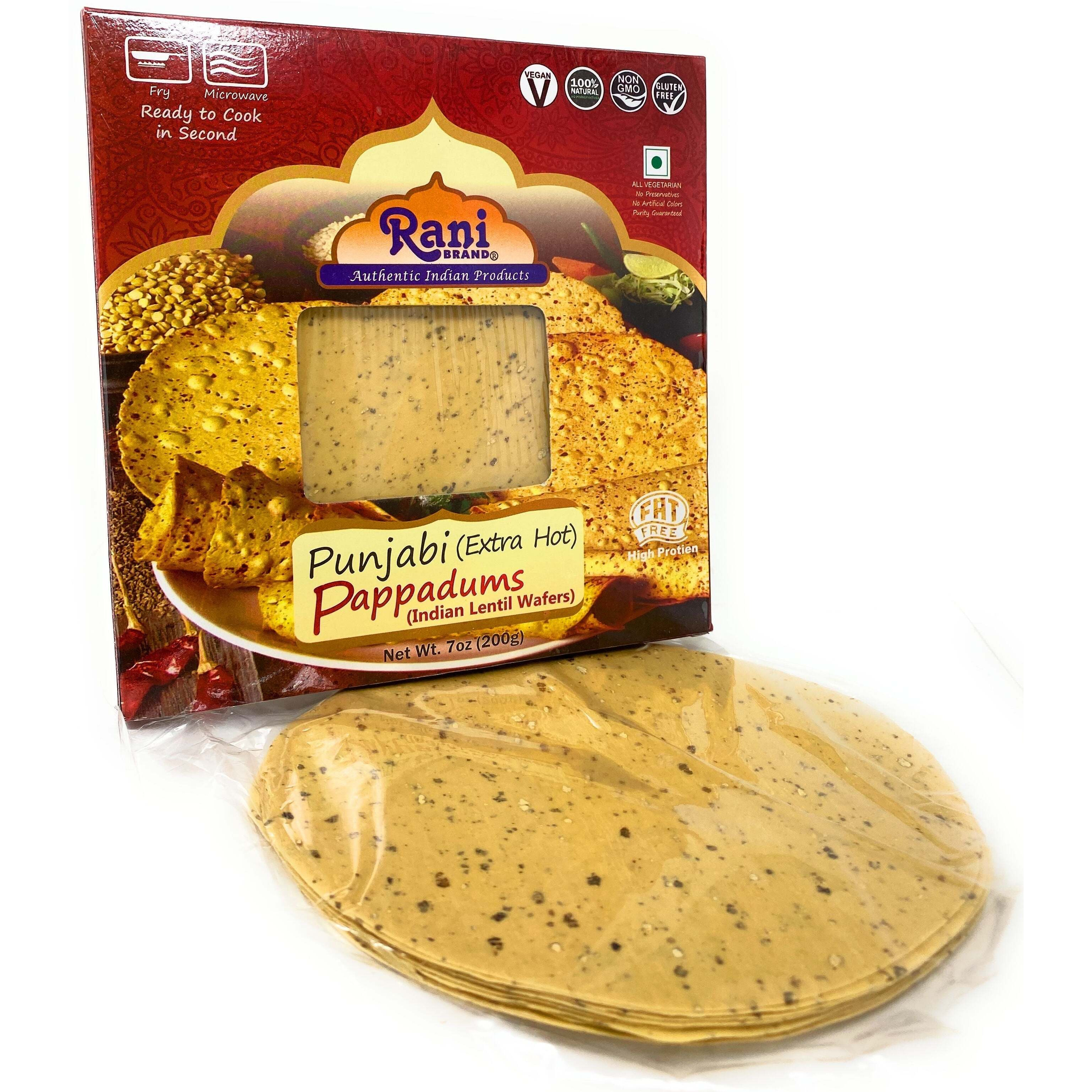 Rani Pappadums (Indian Lentil Wafer Snack) Punjabi Papad - Extra Hot, 7oz (200g) Approximately 15pc, 7 inches, Pack of 2 ~ All Natural, Gluten Friendly, NON-GMO, Vegan, Indian Origin