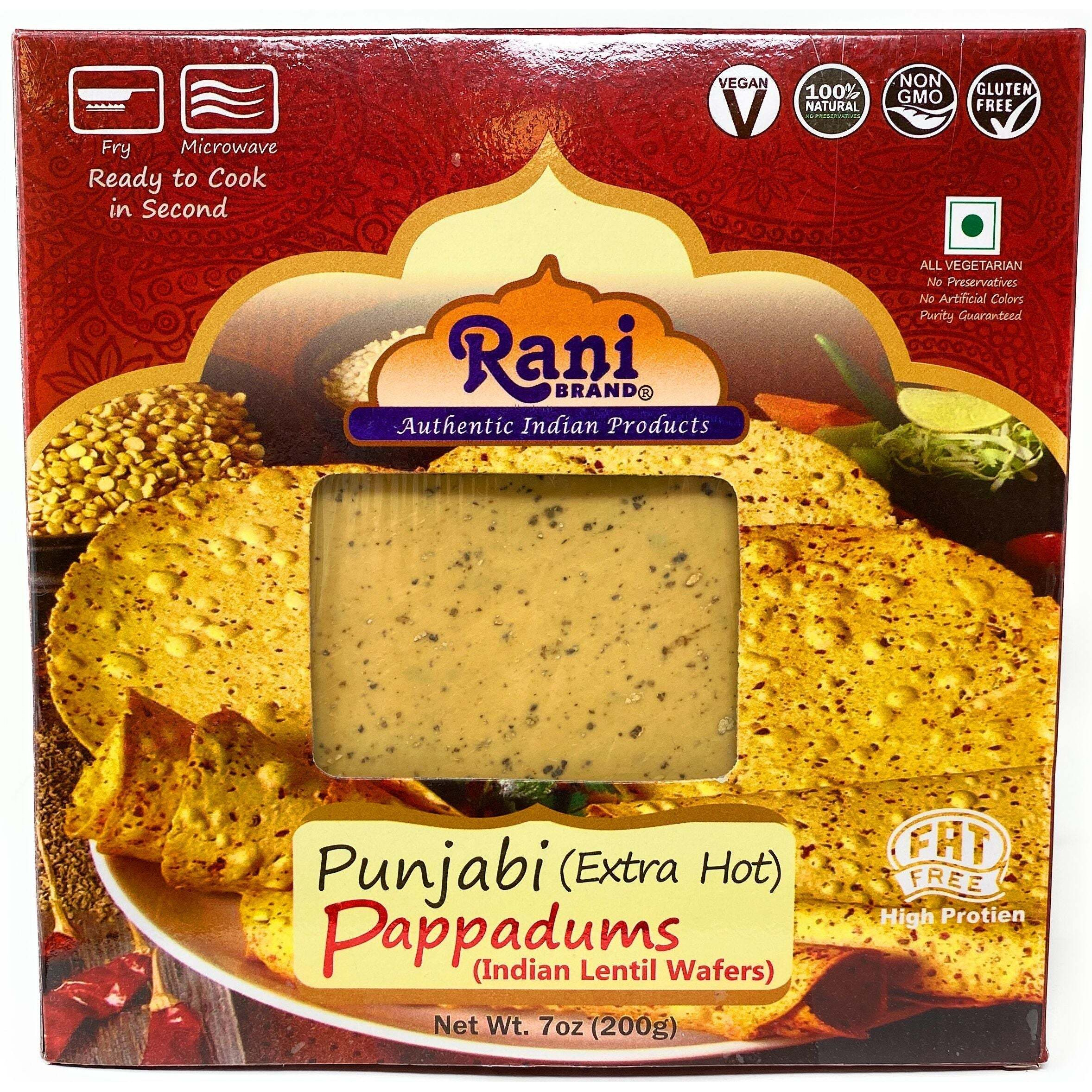 Rani Pappadums (Indian Lentil Wafer Snack) Punjabi Papad - Extra Hot, 7oz (200g) Approximately 15pc, 7 inches, Pack of 2 ~ All Natural, Gluten Friendly, NON-GMO, Vegan, Indian Origin