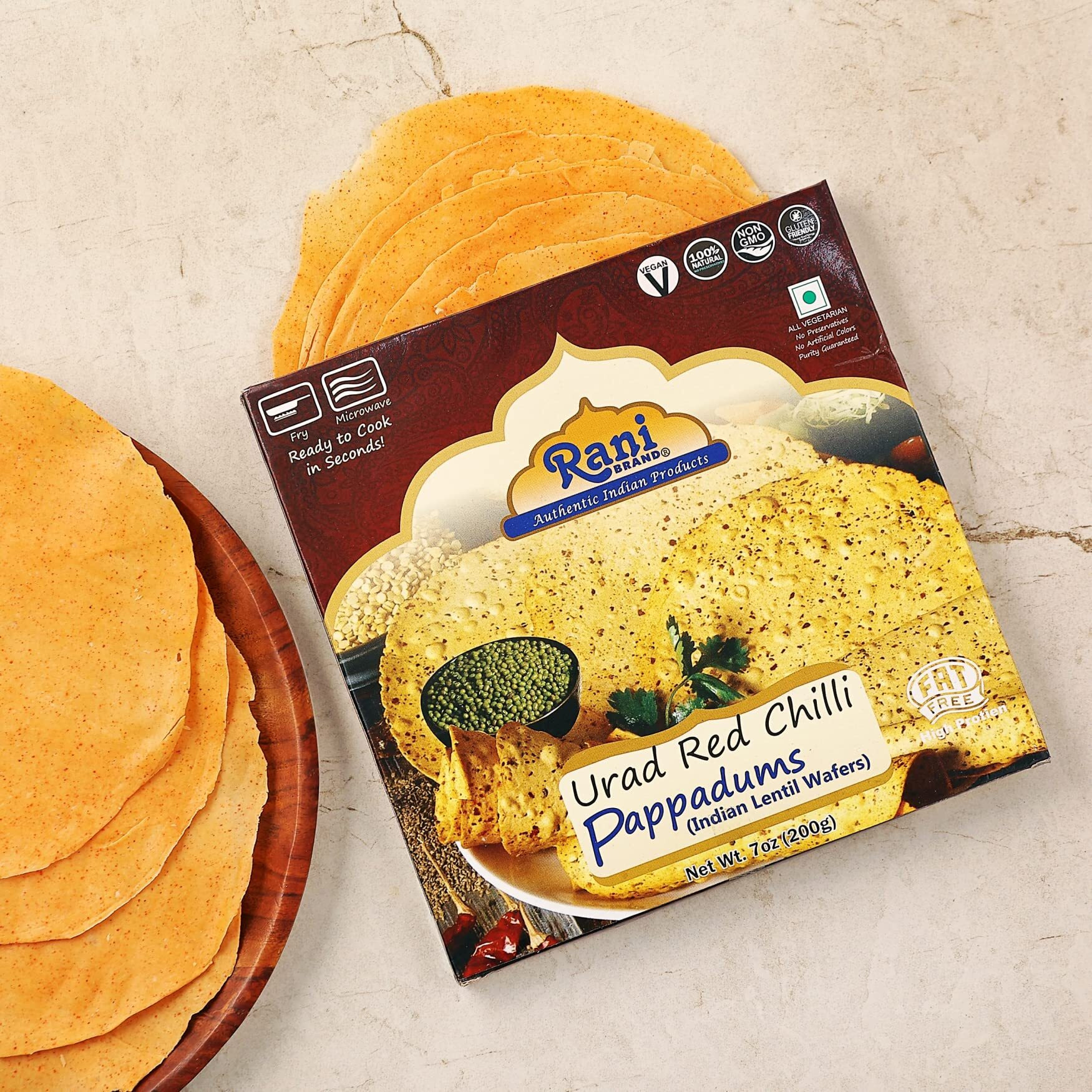 Rani Pappadums (Indian Lentil Wafer Snack) Red Chilli Papad 7oz (200g) Approximately 15pc, 7 inches ~ All Natural, Gluten Friendly, NON-GMO, Vegan, Indian Origin