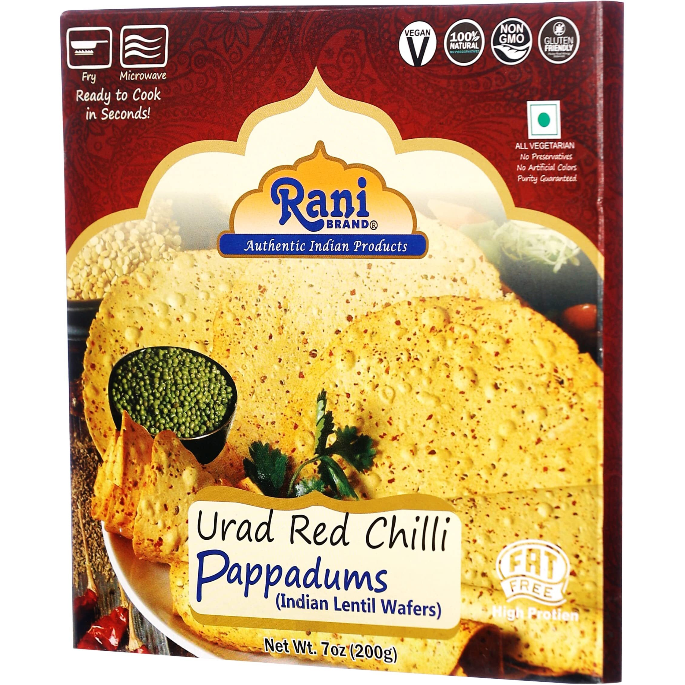 Rani Pappadums (Indian Lentil Wafer Snack) Red Chilli Papad 7oz (200g) Approximately 15pc, 7 inches ~ All Natural, Gluten Friendly, NON-GMO, Vegan, Indian Origin