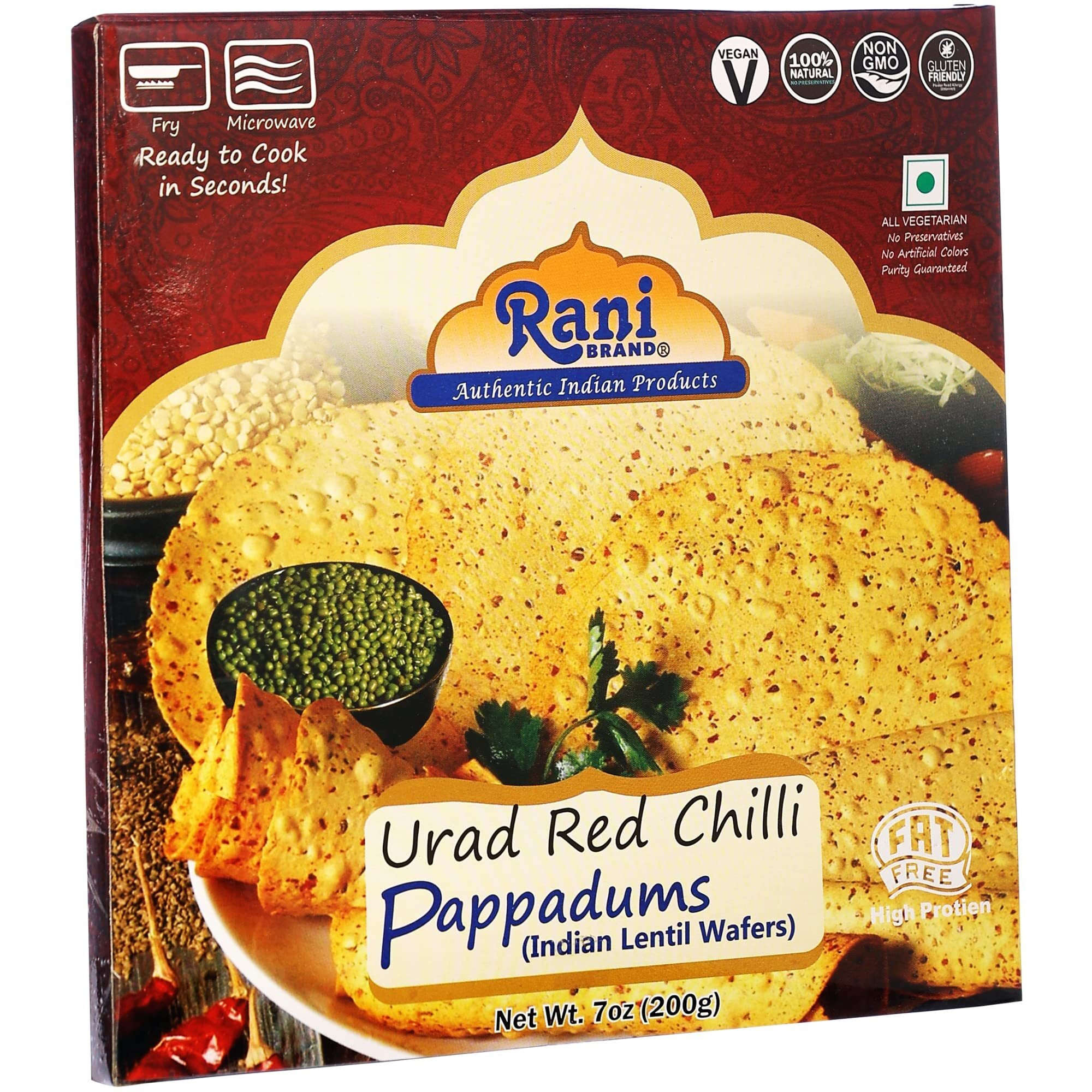 Rani Pappadums (Indian Lentil Wafer Snack) Red Chilli Papad 7oz (200g) Approximately 15pc, 7 inches ~ All Natural, Gluten Friendly, NON-GMO, Vegan, Indian Origin