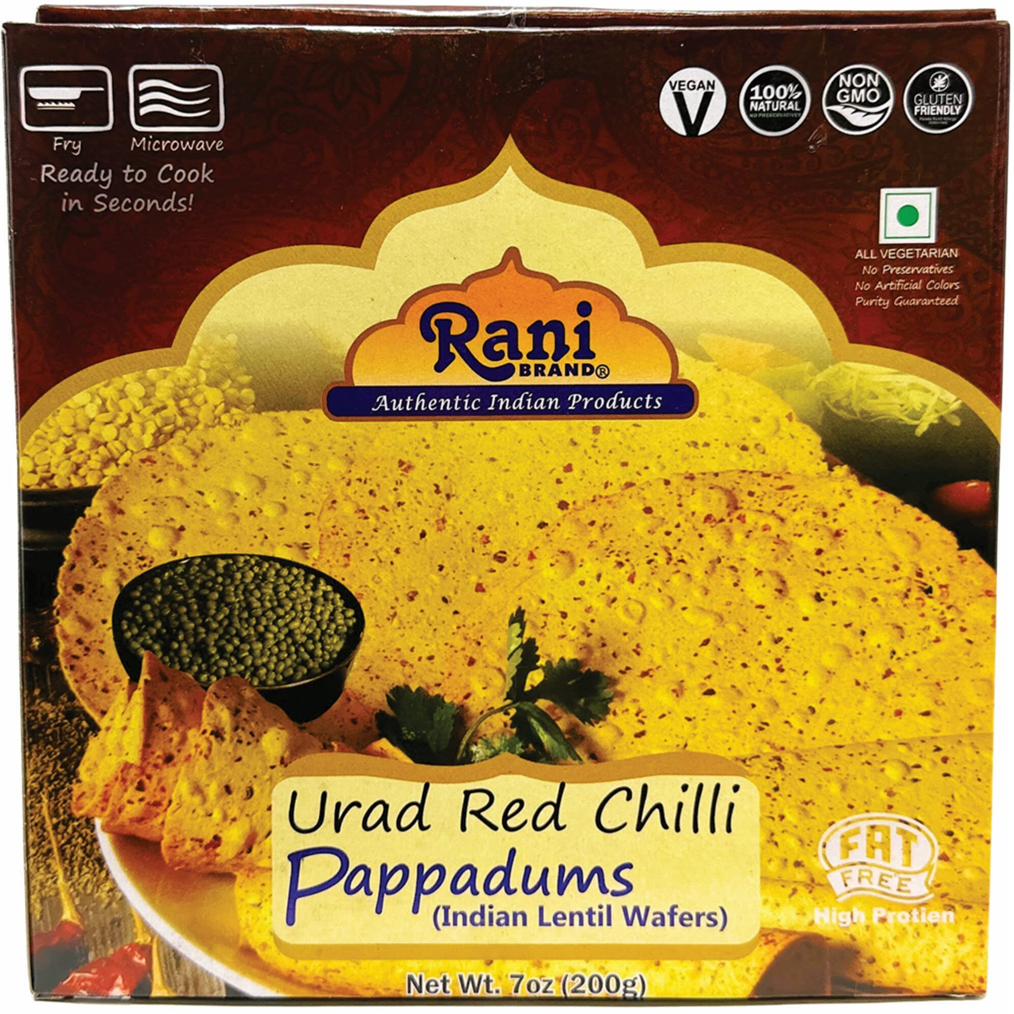 Rani Pappadums (Indian Lentil Wafer Snack) Red Chilli Papad 7oz (200g) Approximately 15pc, 7 inches, Pack of 12 ~ All Natural, Gluten Friendly, NON-GMO, Vegan, Indian Origin