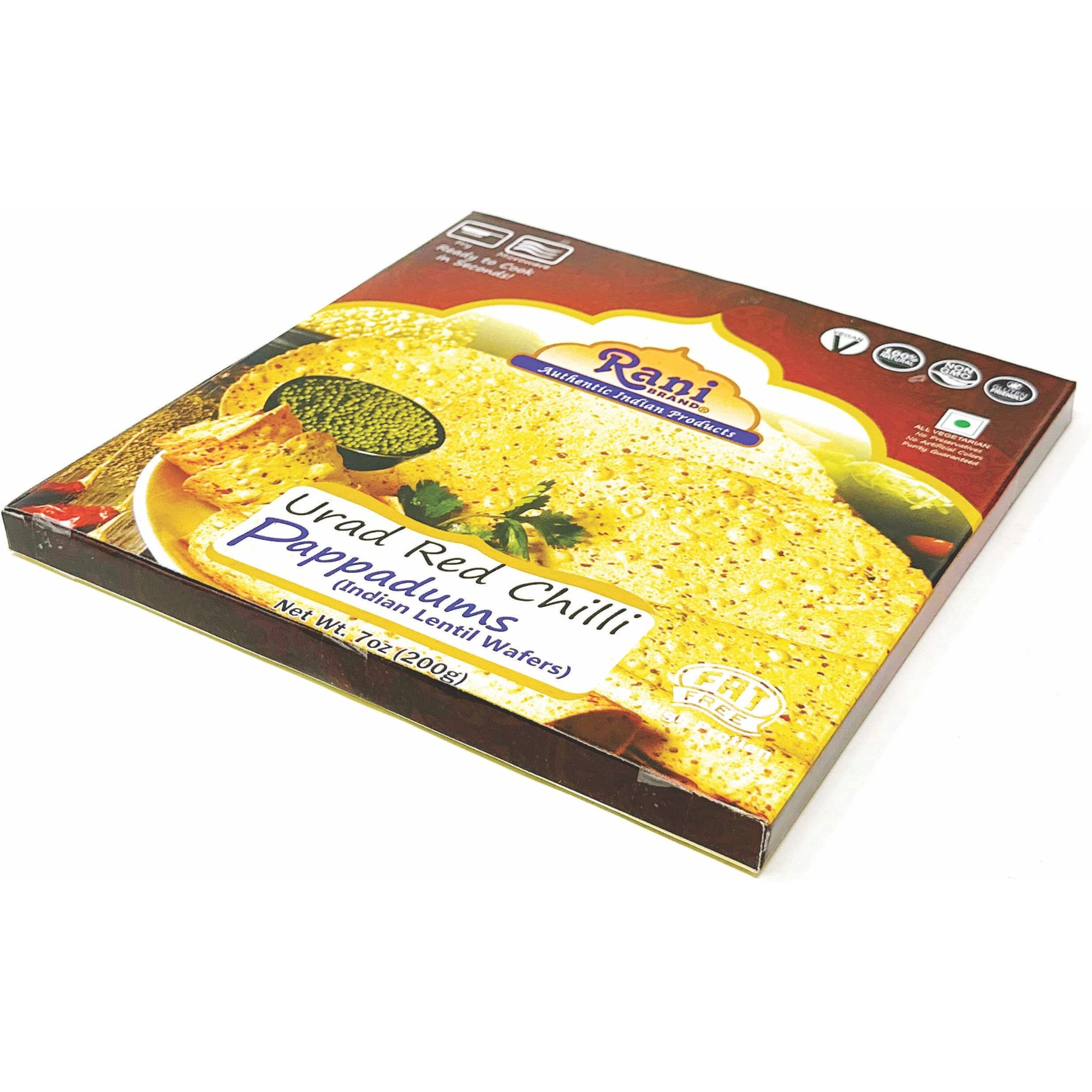 Rani Pappadums (Indian Lentil Wafer Snack) Red Chilli Papad 7oz (200g) Approximately 15pc, 7 inches, Pack of 12 ~ All Natural, Gluten Friendly, NON-GMO, Vegan, Indian Origin