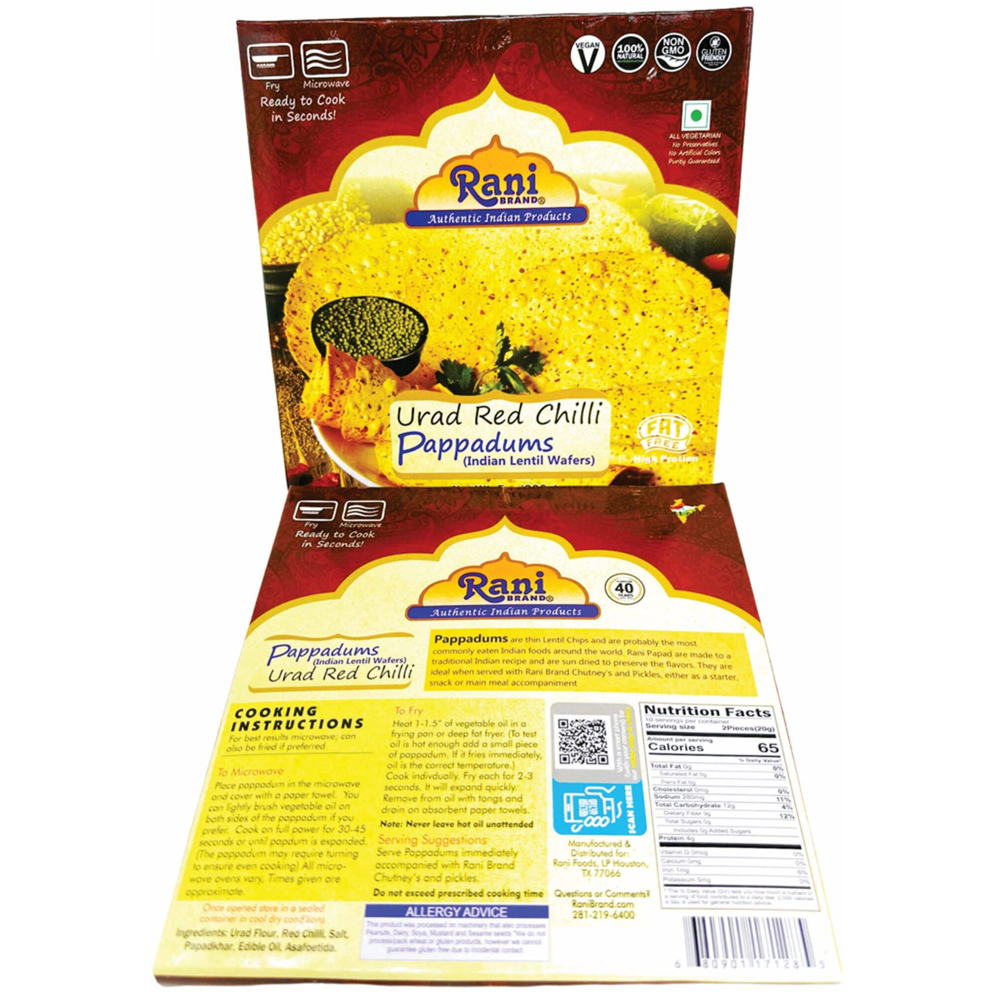 Rani Pappadums (Indian Lentil Wafer Snack) Red Chilli Papad 7oz (200g) Approximately 15pc, 7 inches, Pack of 2 ~ All Natural, Gluten Friendly, NON-GMO, Vegan, Indian Origin