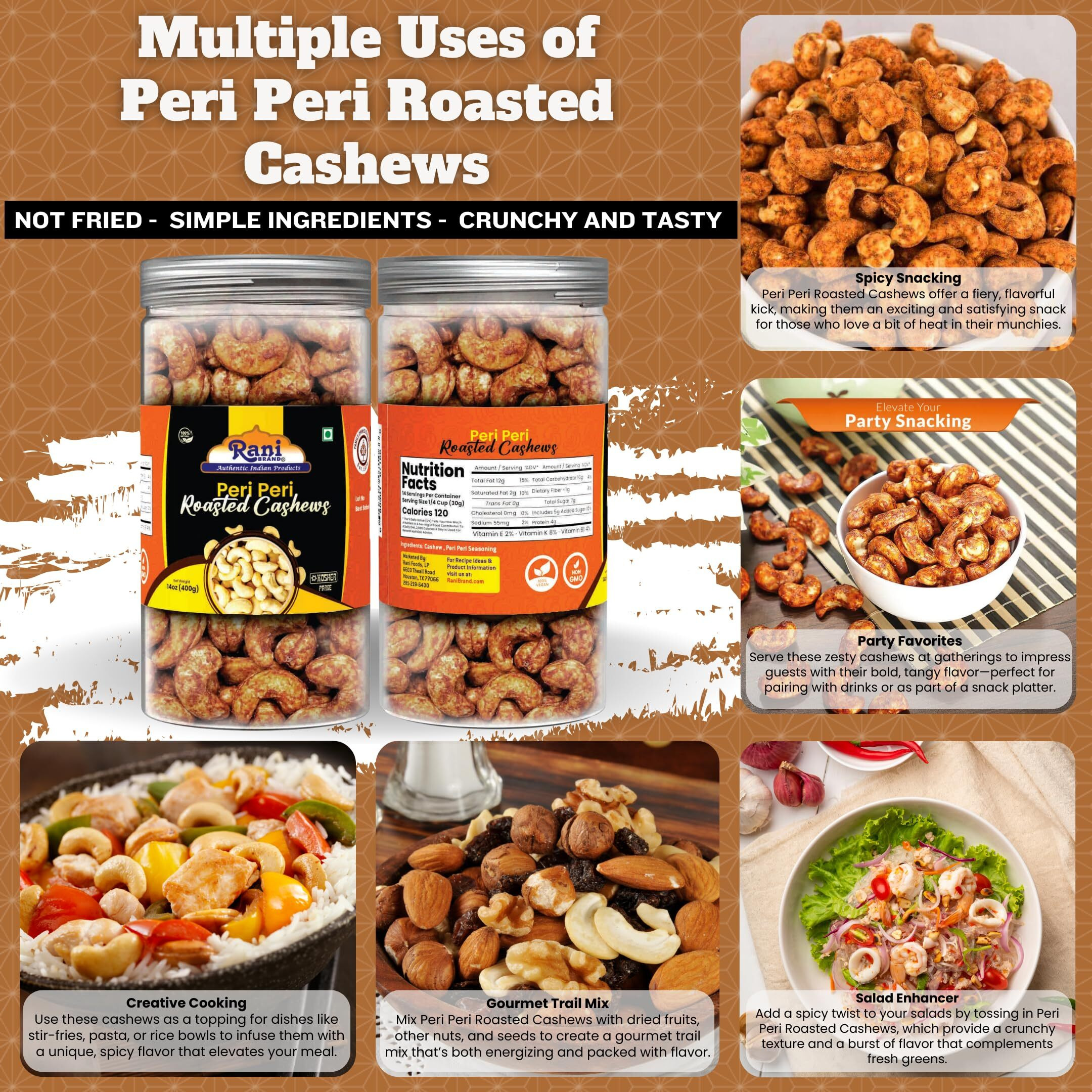 Rani Peri Peri Roasted Cashews 14oz (400g) PET Jar, Non-Fried, Oil Free ~ All Natural, Vegan, Gluten Friendly, NON-GMO, Kosher, Air Roasted, Crunchy & Flavorful