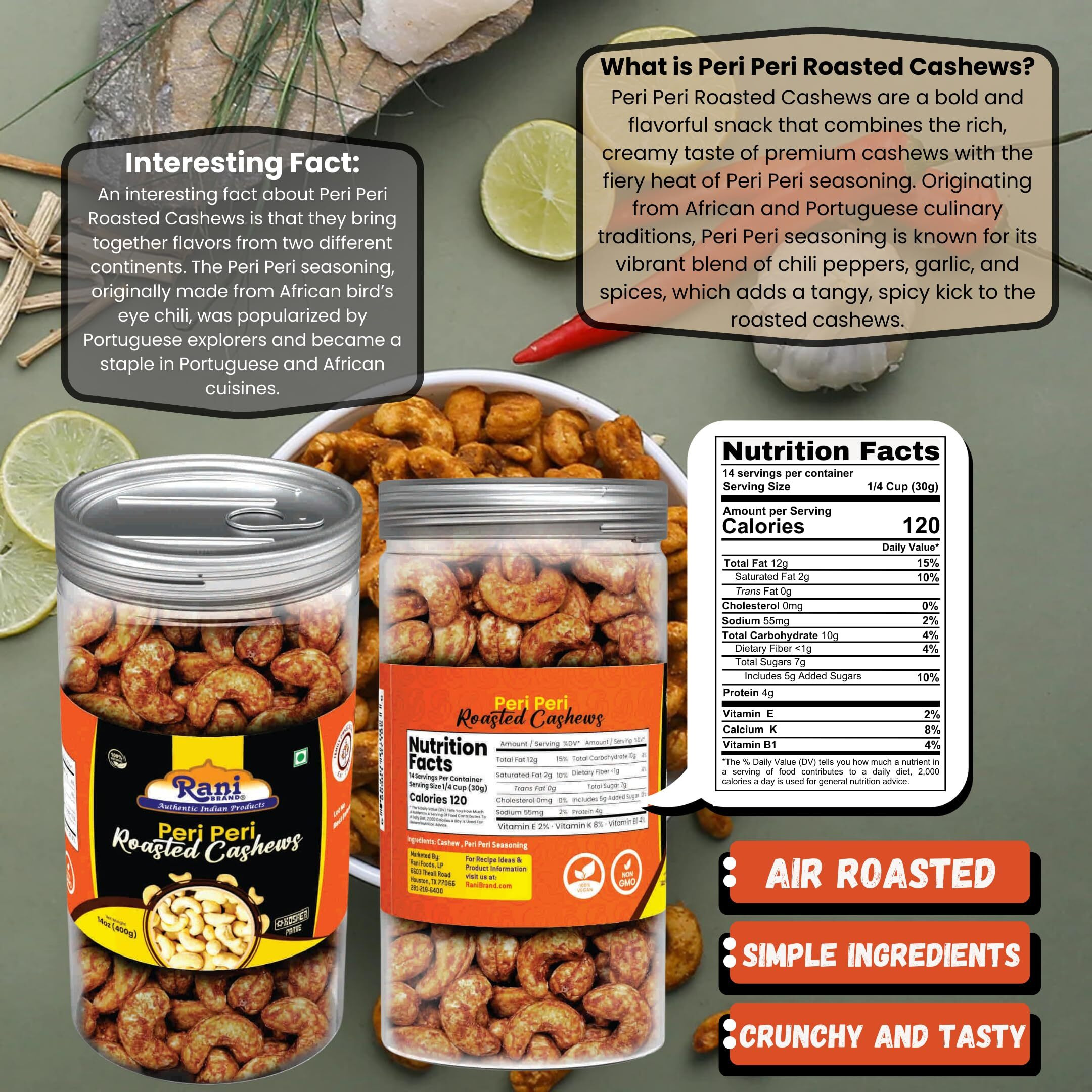 Rani Peri Peri Roasted Cashews 14oz (400g) PET Jar, Non-Fried, Oil Free ~ All Natural, Vegan, Gluten Friendly, NON-GMO, Kosher, Air Roasted, Crunchy & Flavorful