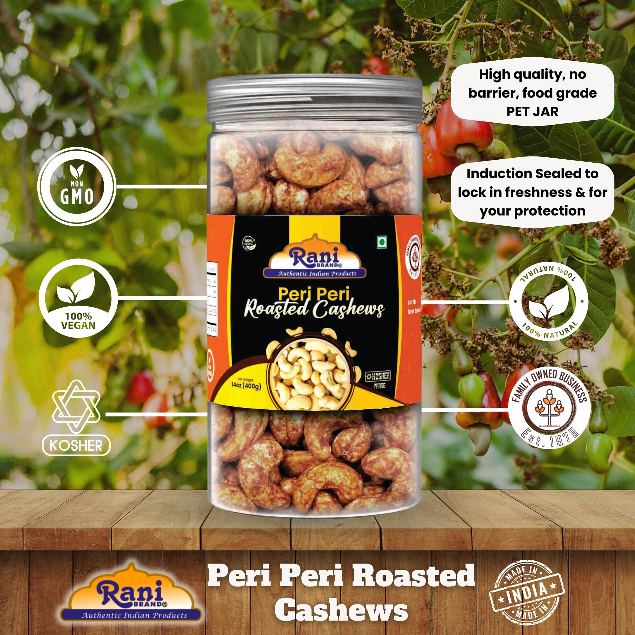 Rani Peri Peri Roasted Cashews 14oz (400g) PET Jar, Non-Fried, Oil Free ~ All Natural, Vegan, Gluten Friendly, NON-GMO, Kosher, Air Roasted, Crunchy & Flavorful