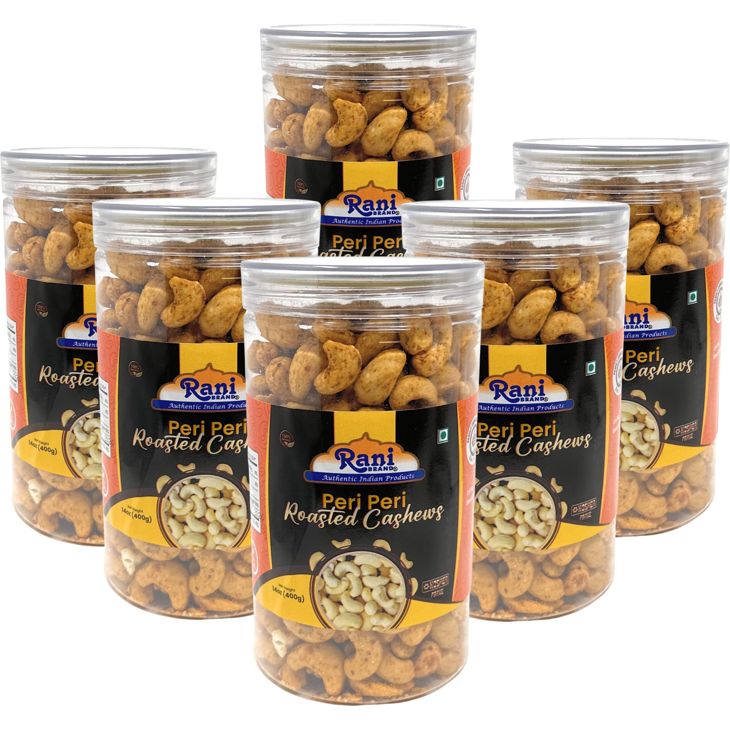 Rani Peri Peri Roasted Cashews 14oz (400g) PET Jar, Pack of 6, Non-Fried, Oil Free ~ All Natural, Vegan, Gluten Friendly, NON-GMO, Kosher, Air Roasted, Crunchy & Flavorful