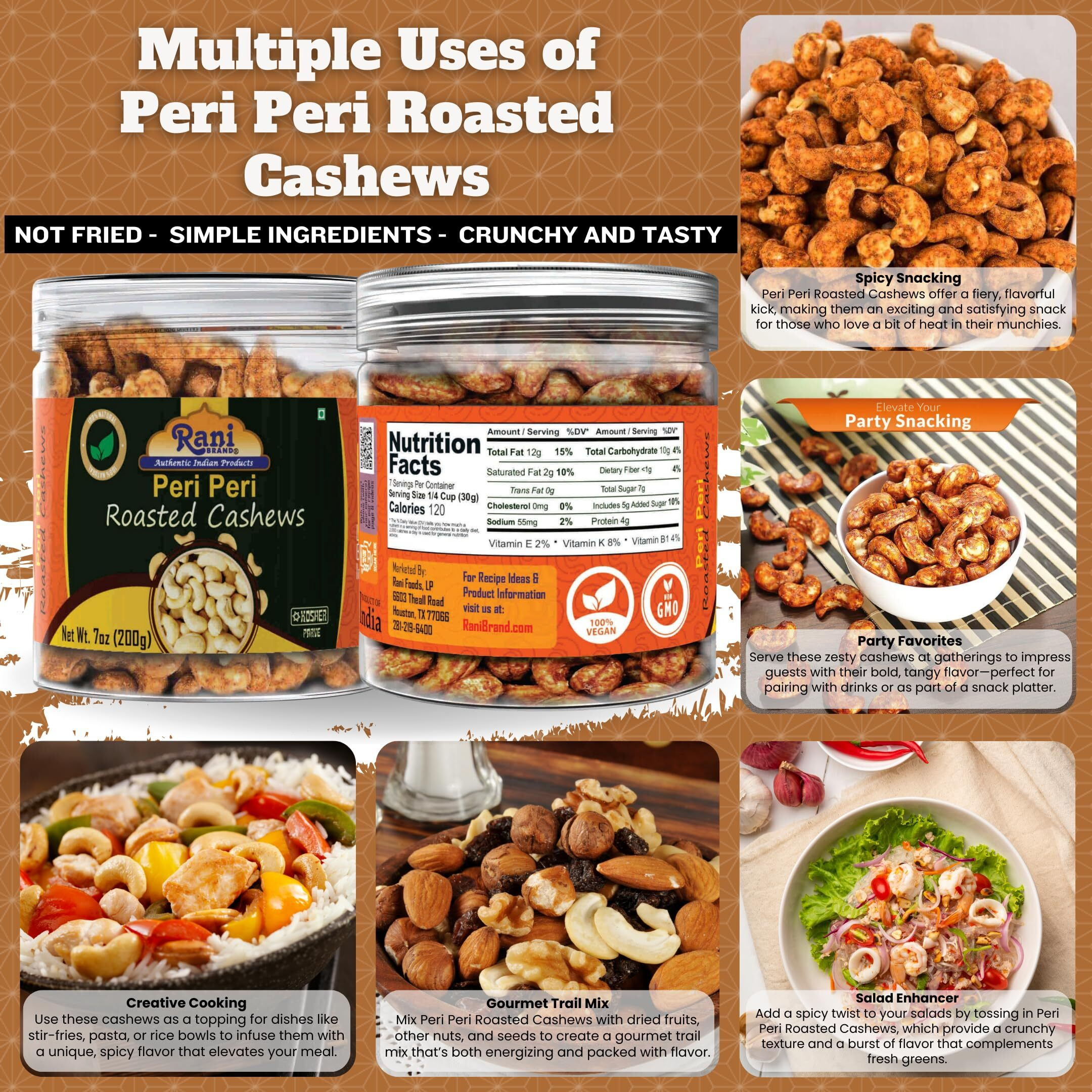 Rani Peri Peri Roasted Cashews 7oz (200g) PET Jar, Non-Fried, Oil Free ~ All Natural, Vegan, Gluten Friendly, NON-GMO, Kosher, Air Roasted, Crunchy & Flavorful