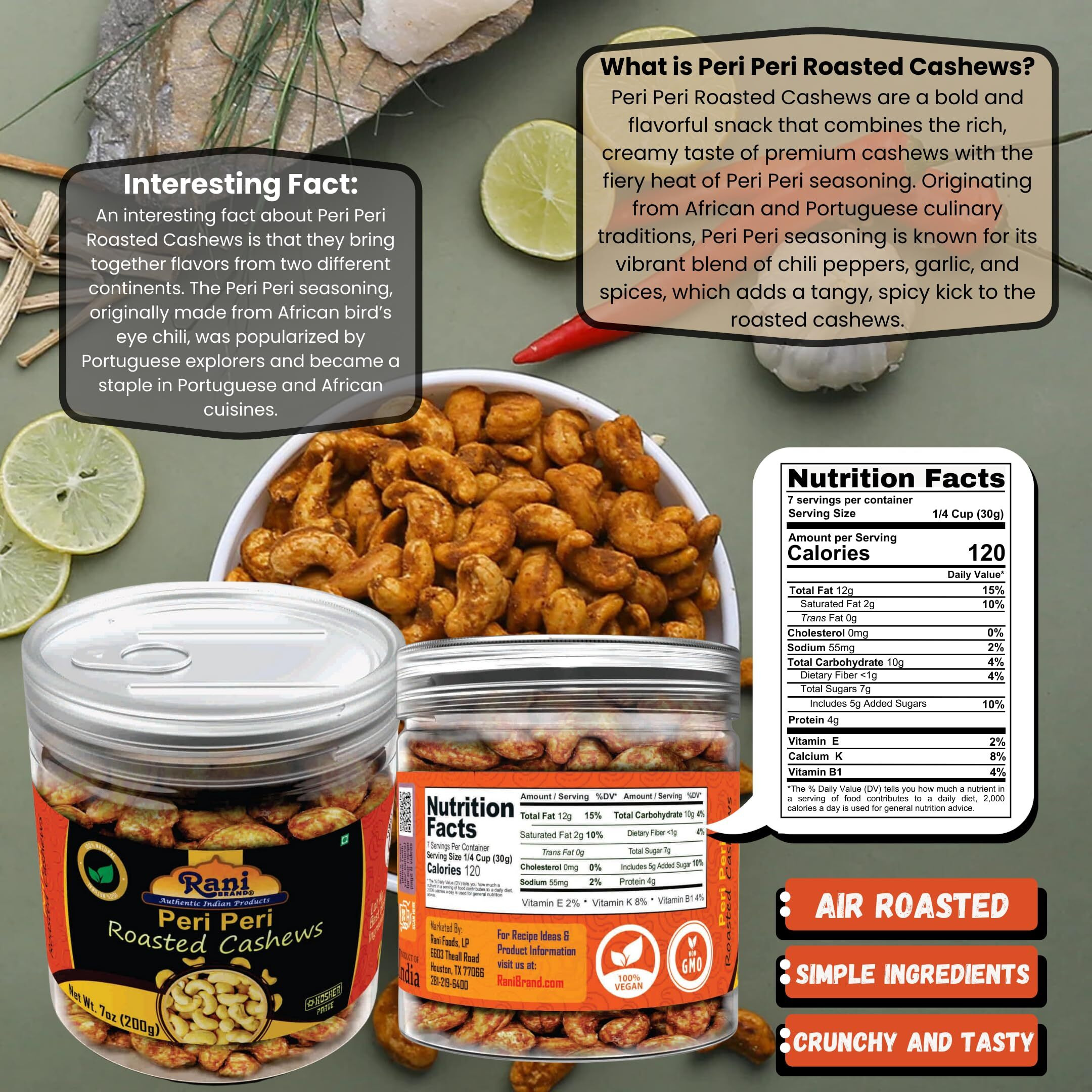 Rani Peri Peri Roasted Cashews 7oz (200g) PET Jar, Non-Fried, Oil Free ~ All Natural, Vegan, Gluten Friendly, NON-GMO, Kosher, Air Roasted, Crunchy & Flavorful