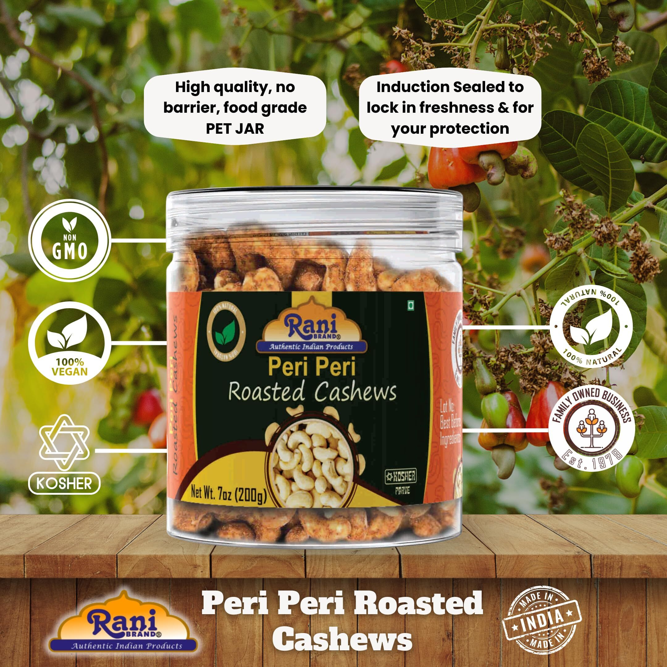 Rani Peri Peri Roasted Cashews 7oz (200g) PET Jar, Non-Fried, Oil Free ~ All Natural, Vegan, Gluten Friendly, NON-GMO, Kosher, Air Roasted, Crunchy & Flavorful