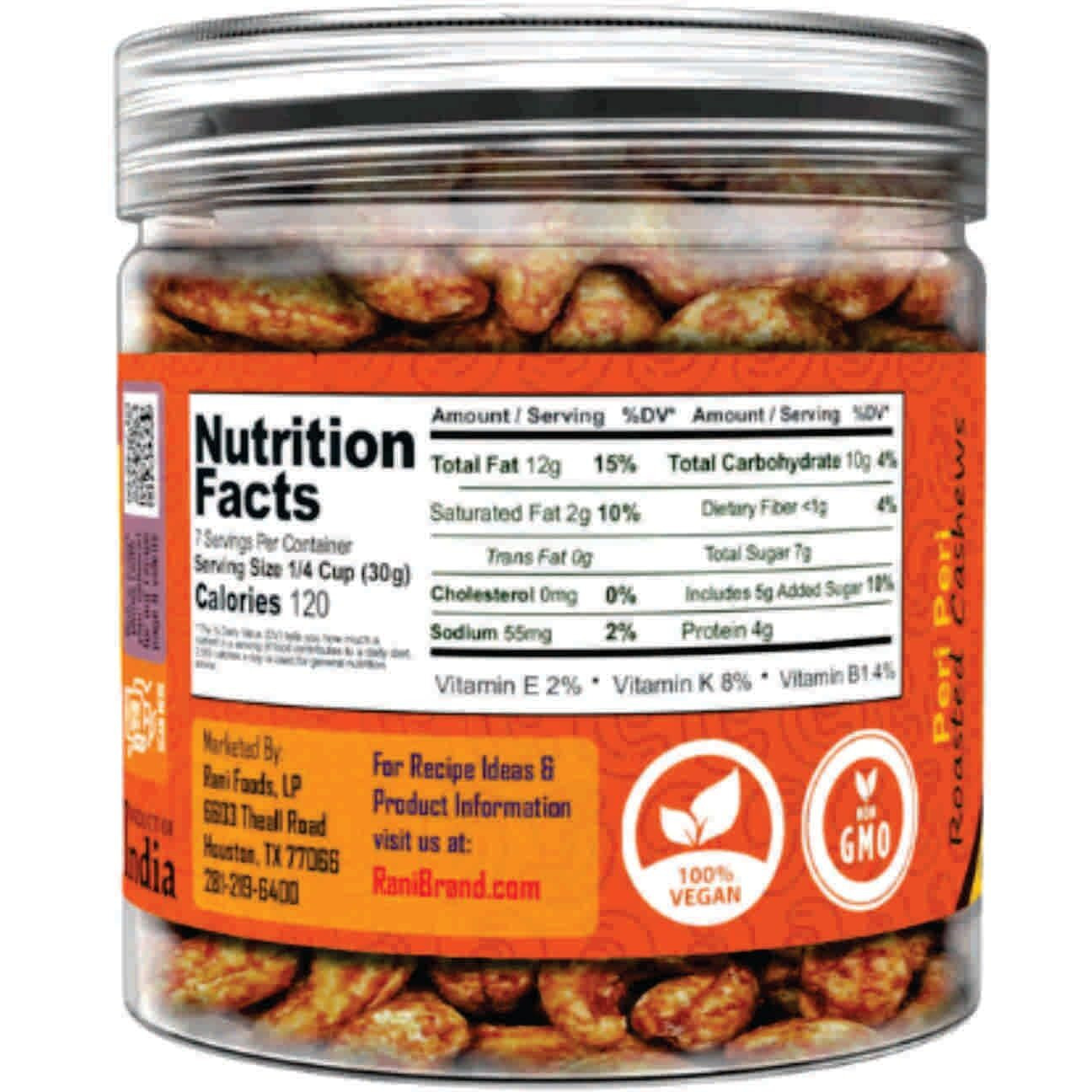 Rani Peri Peri Roasted Cashews 7oz (200g) PET Jar, Non-Fried, Oil Free ~ All Natural, Vegan, Gluten Friendly, NON-GMO, Kosher, Air Roasted, Crunchy & Flavorful