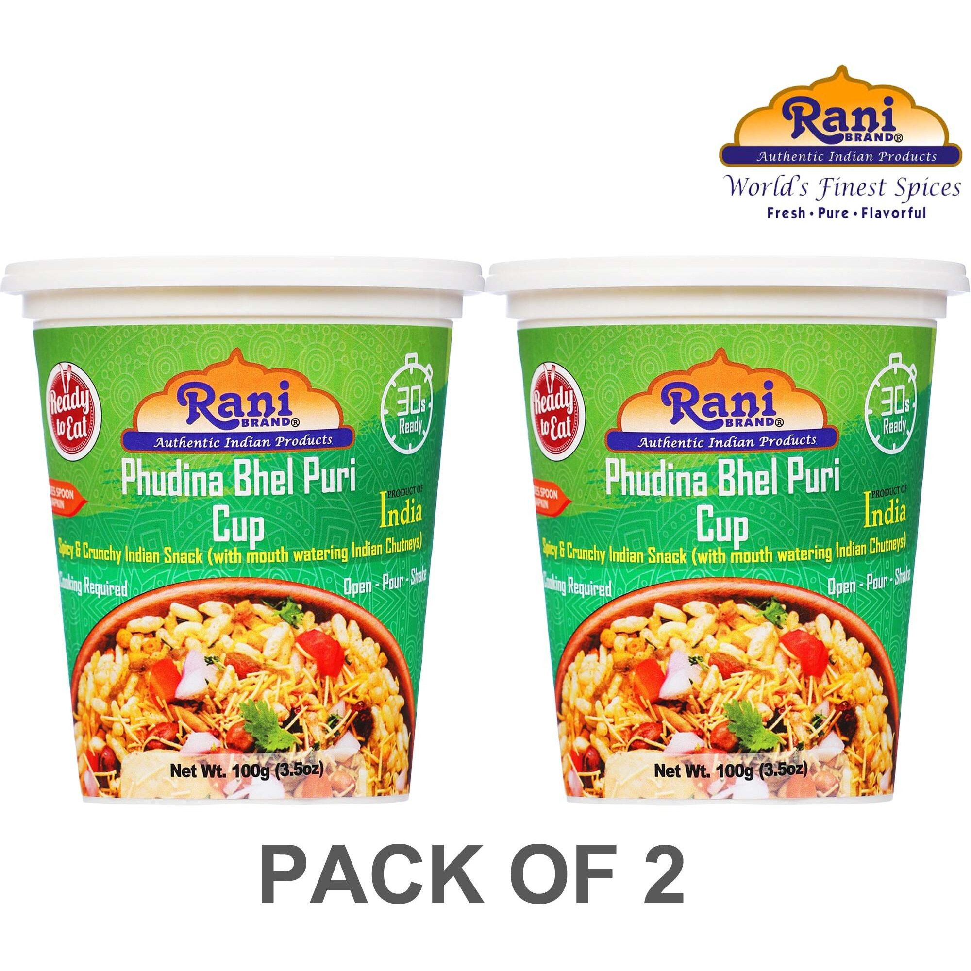 Rani Pudina Bhel Puri Cup (Spicy & Crunchy Indian Snack w/ mouth watering Indian Chutneys) 3.5oz (100g), Pack of 2 ~ Ready to Eat, Vegan, NON-GMO, Indian Origin