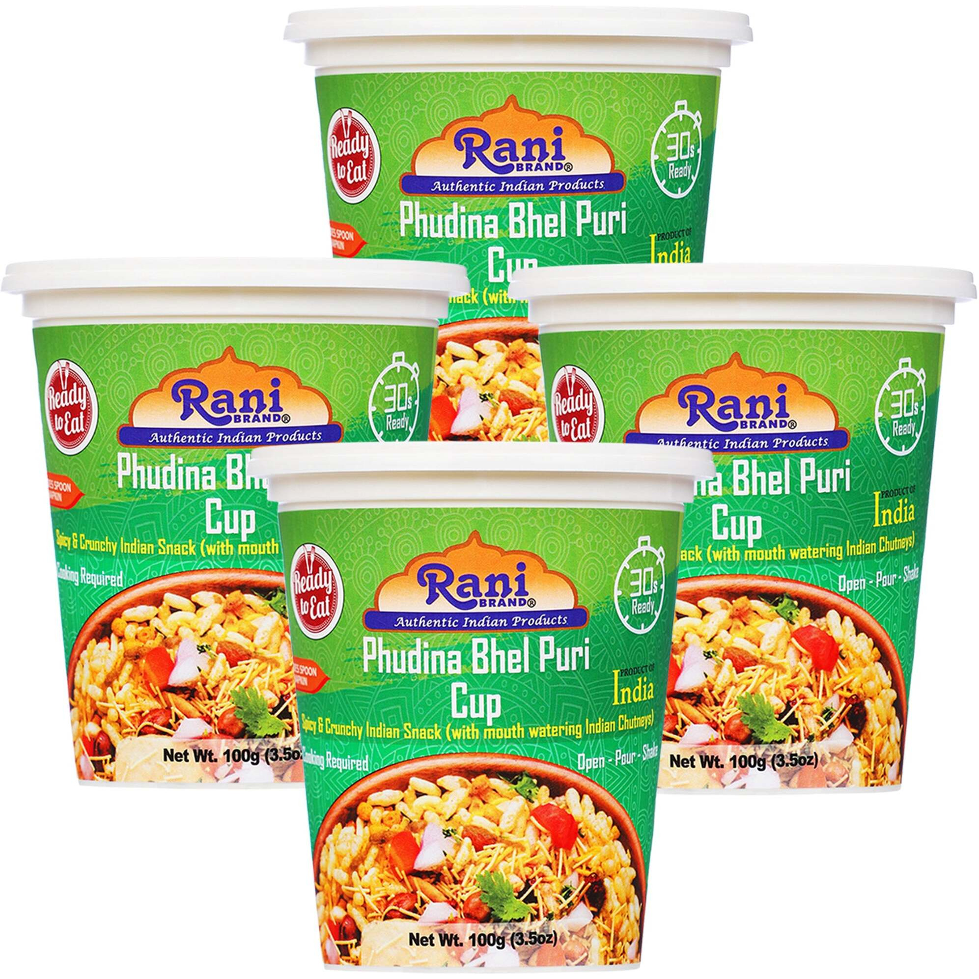 Rani Pudina Bhel Puri Cup (Spicy & Crunchy Indian Snack w/ mouth watering Indian Chutneys) 3.5oz (100g), Pack of 4 ~ Ready to Eat, Vegan, NON-GMO, Indian Origin
