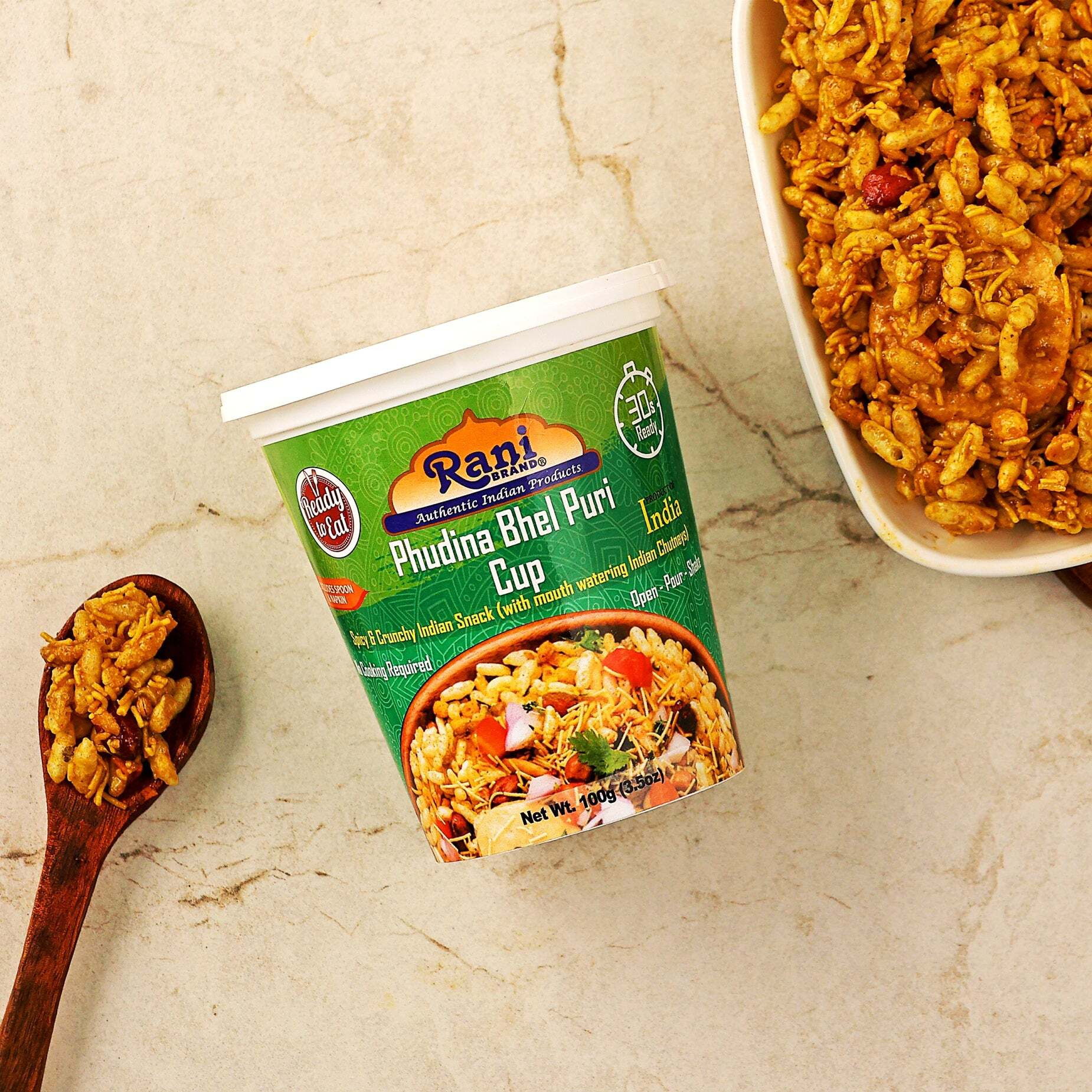 Rani Pudina Bhel Puri Cup (Spicy & Crunchy Indian Snack w/ mouth watering Indian Chutneys) 3.5oz (100g), Pack of 4 ~ Ready to Eat, Vegan, NON-GMO, Indian Origin