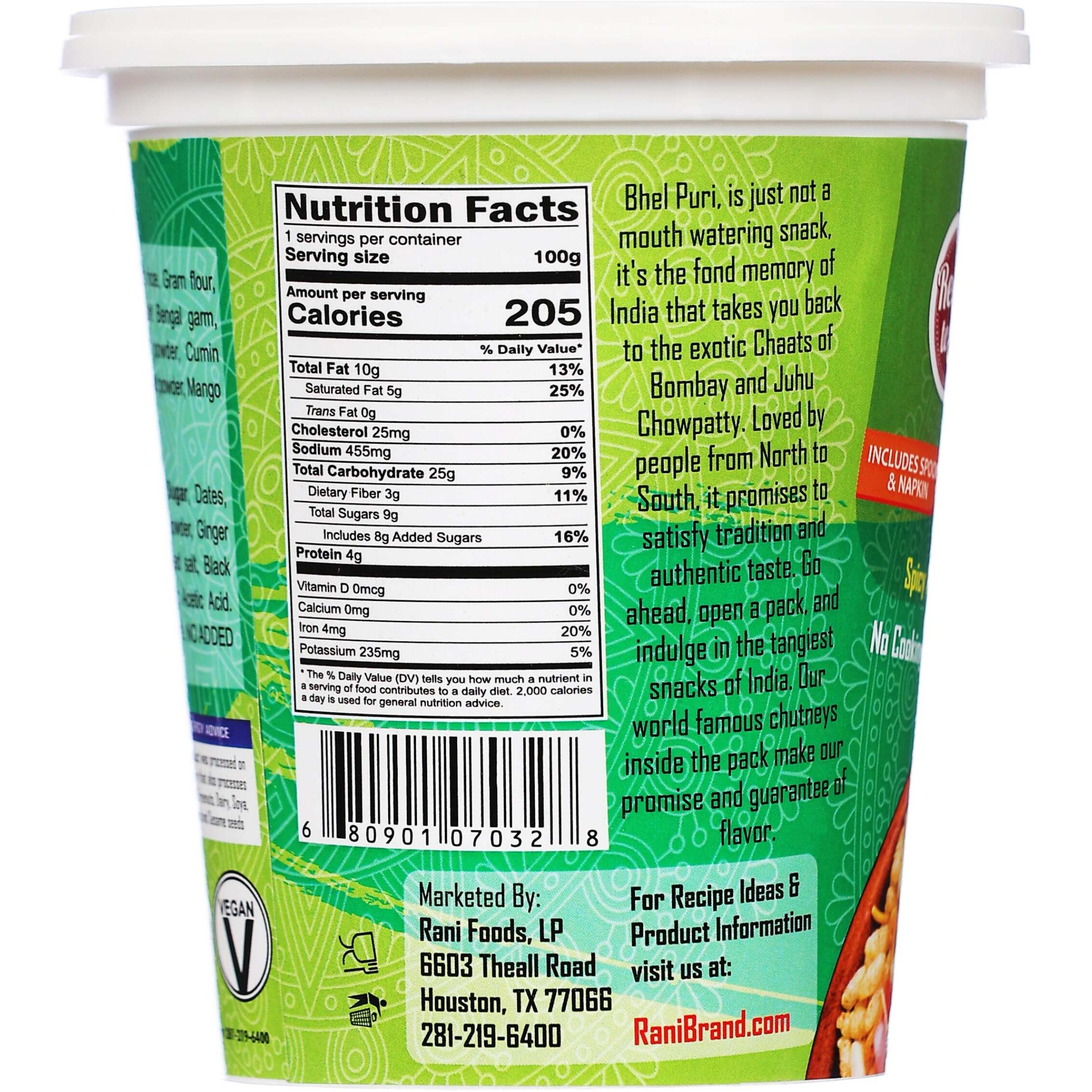 Rani Pudina Bhel Puri Cup (Spicy & Crunchy Indian Snack w/ mouth watering Indian Chutneys) 3.5oz (100g), Pack of 4 ~ Ready to Eat, Vegan, NON-GMO, Indian Origin