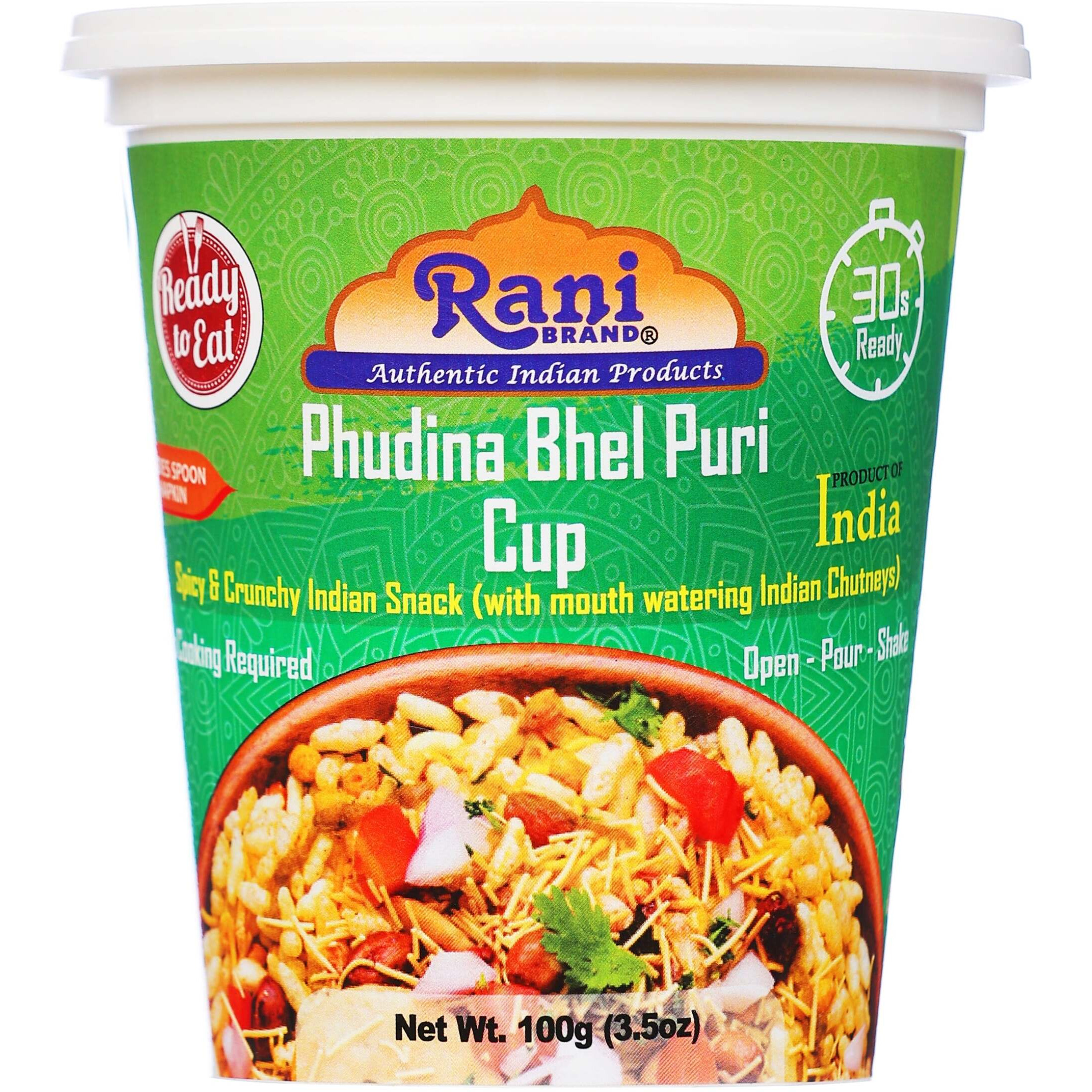 Rani Pudina Bhel Puri Cup (Spicy & Crunchy Indian Snack w/ mouth watering Indian Chutneys) 3.5oz (100g), Pack of 4 ~ Ready to Eat, Vegan, NON-GMO, Indian Origin