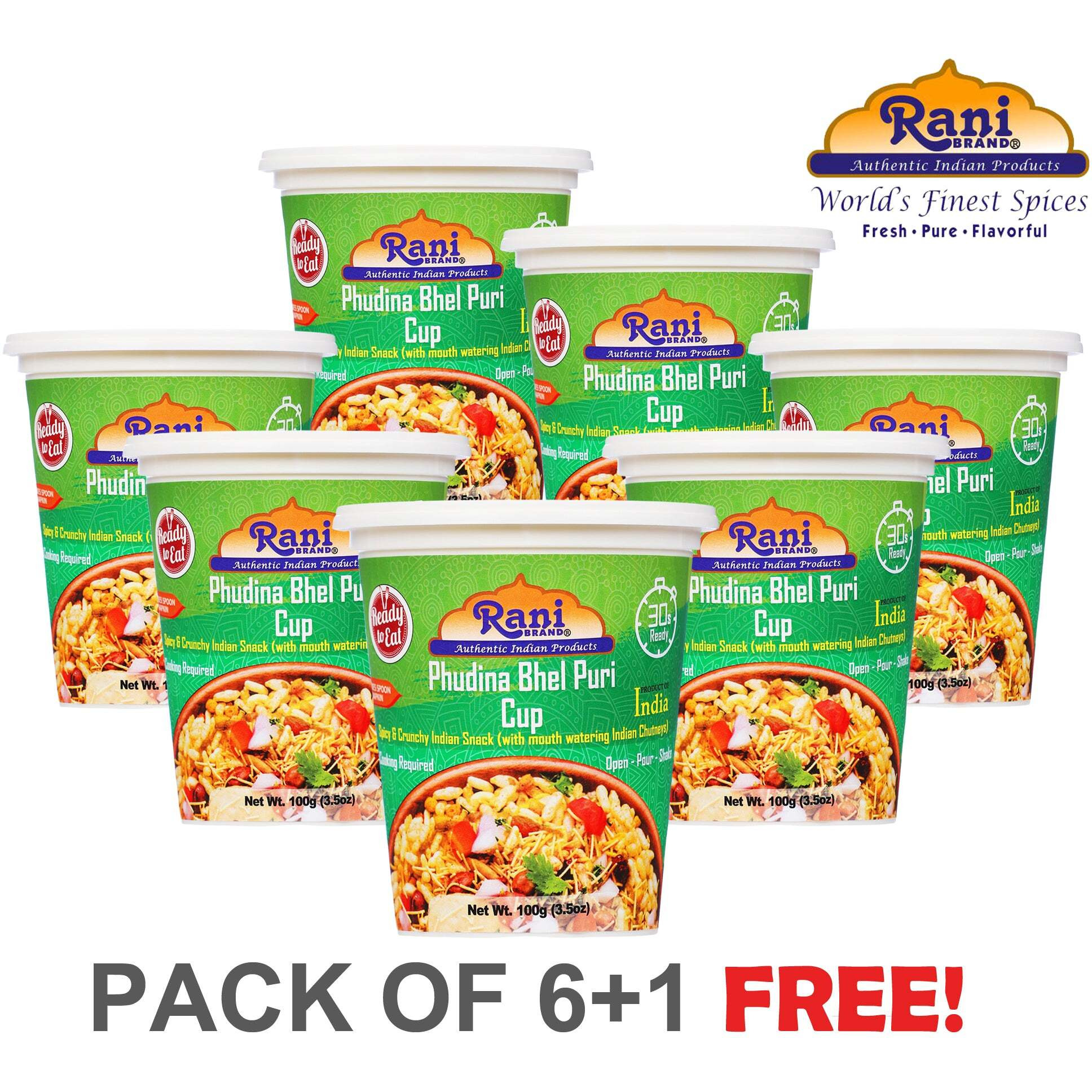 Rani Pudina Bhel Puri Cup (Spicy & Crunchy Indian Snack w/ mouth watering Indian Chutneys) 3.5oz (100g), Pack of 6+1 FREE ~ Ready to Eat, Vegan, NON-GMO, Indian Origin