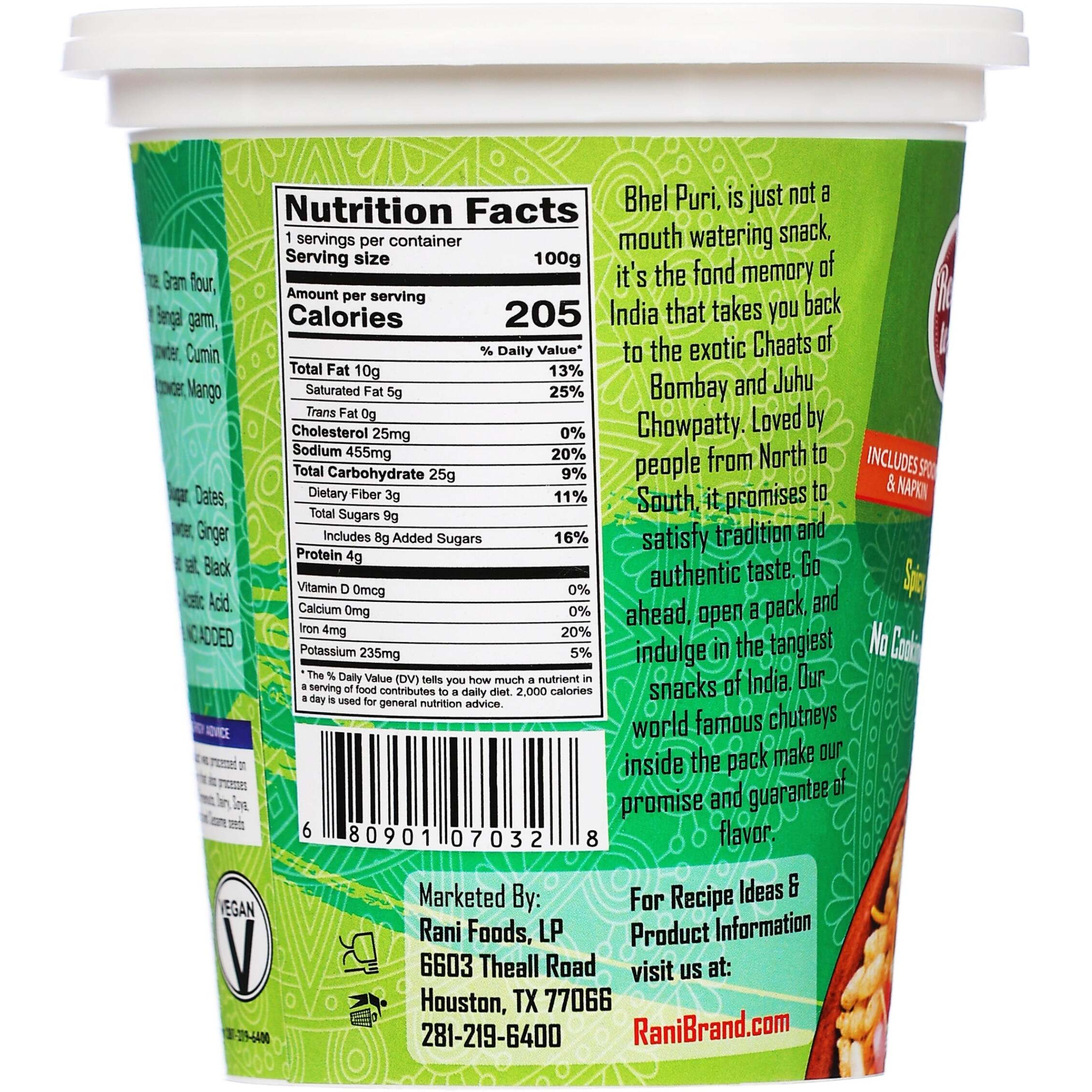 Rani Pudina Bhel Puri Cup (Spicy & Crunchy Indian Snack w/ mouth watering Indian Chutneys) 3.5oz (100g), Pack of 6+1 FREE ~ Ready to Eat, Vegan, NON-GMO, Indian Origin