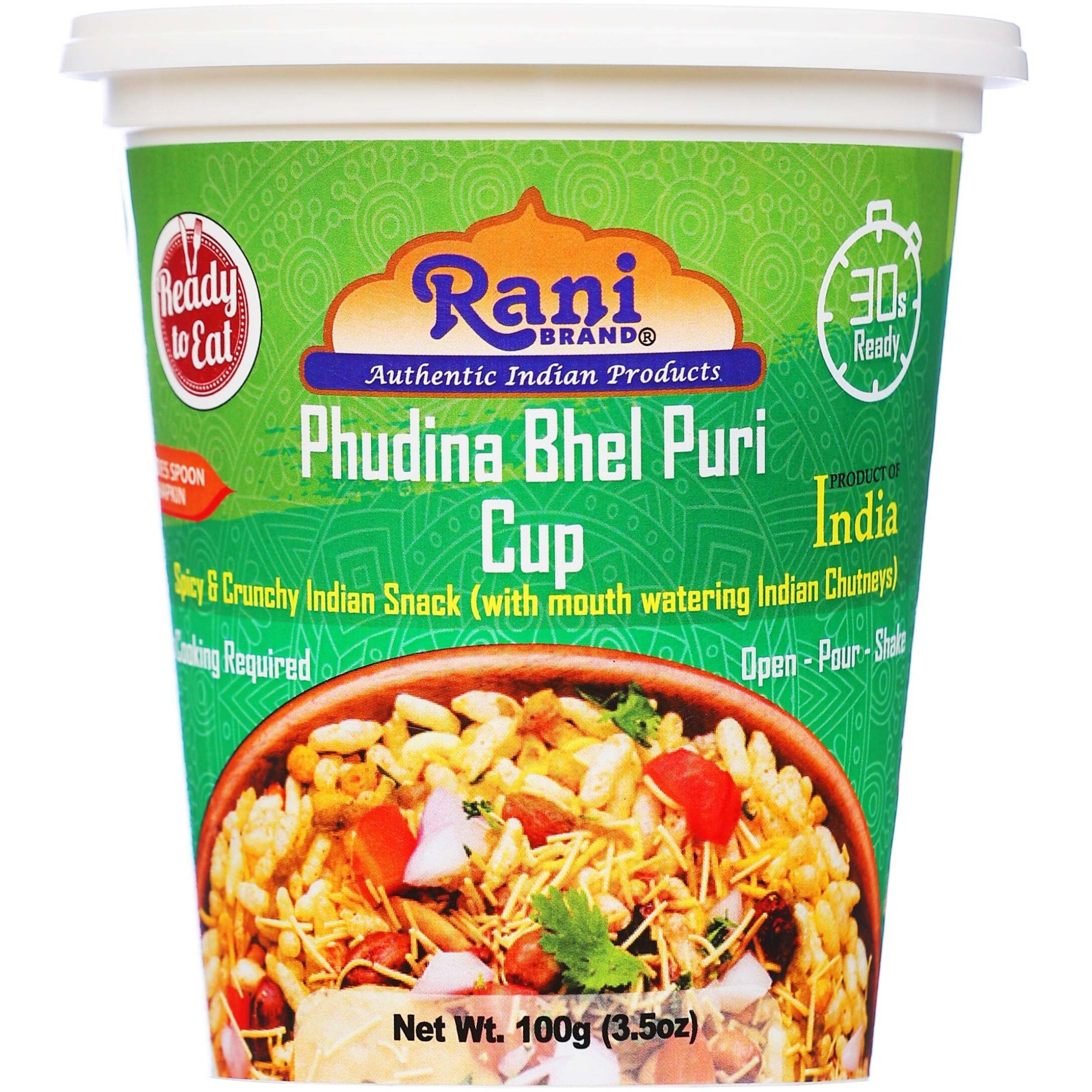 Rani Pudina Bhel Puri Cup (Spicy & Crunchy Indian Snack w/ mouth watering Indian Chutneys) 3.5oz (100g), Pack of 6+1 FREE ~ Ready to Eat, Vegan, NON-GMO, Indian Origin