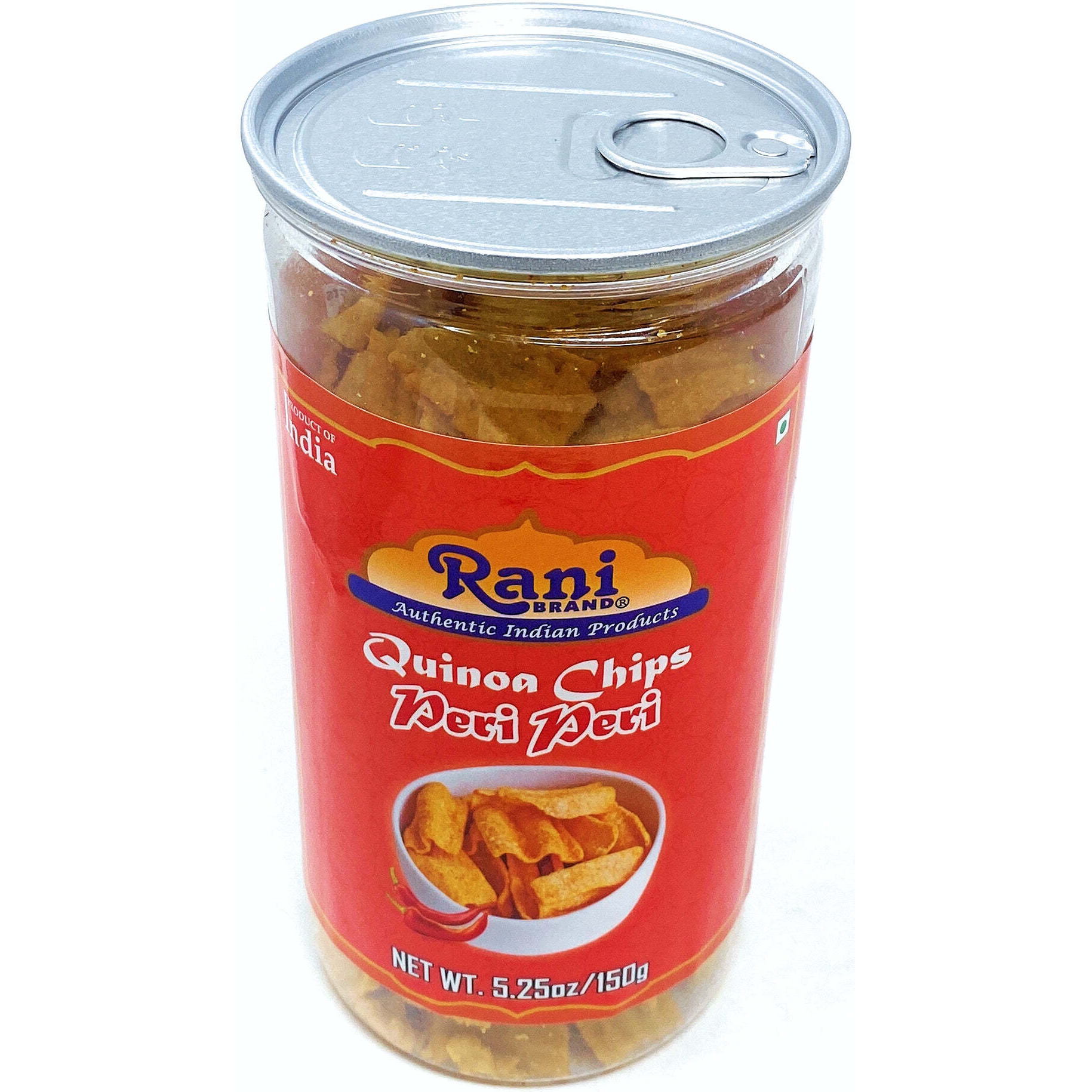 Rani Quinoa Chips Peri-Peri 5.25oz (150g) Vacuum Sealed, Easy Open Top, Resealable Container ~ Indian Tasty Treats, Vegan, NON-GMO, Indian Origin & Taste