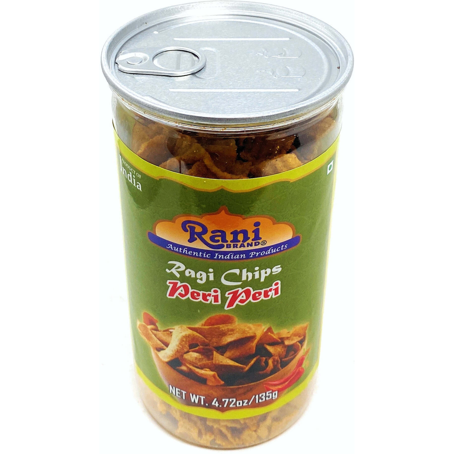 Rani Ragi Chips Peri-Peri 4.72oz (130g) Vacuum Sealed, Easy Open Top, Resealable Container ~ Indian Tasty Treats, Vegan, NON-GMO, Indian Origin & Taste